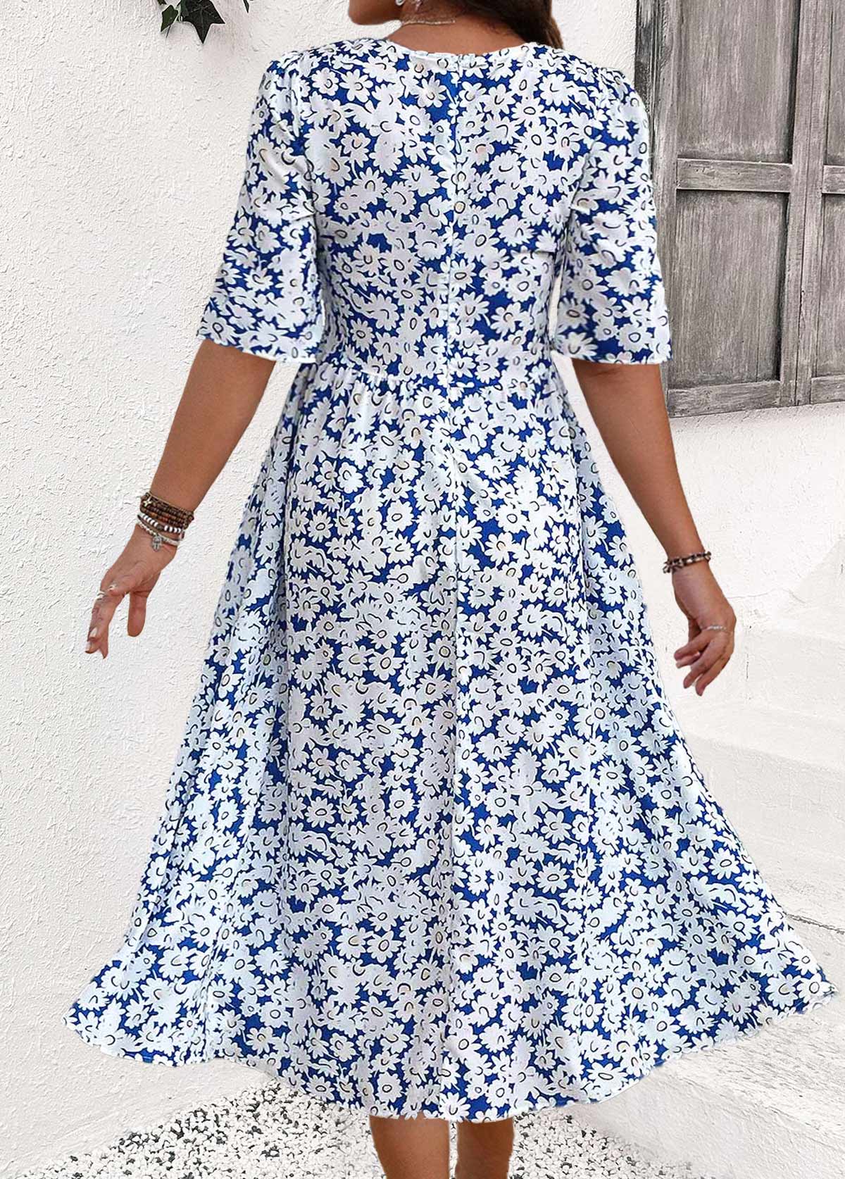 Blue plus size,White plus size,Ditsy Floral plus size,ROTITA Plus Size Smocked Blue Ditsy Floral Print Dress