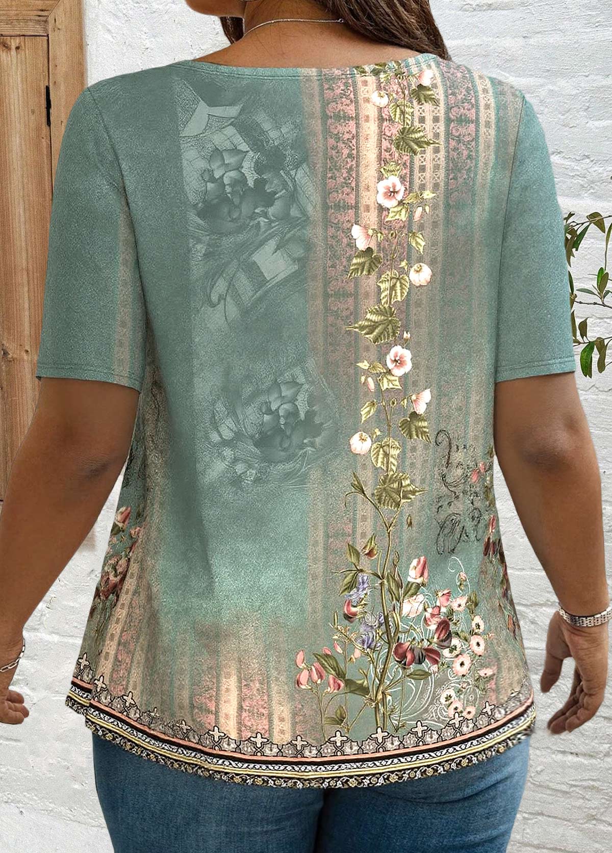 Sage Green tops,Plants tops,ROTITA Tuck Stitch Random Floral Print Sage Green T Shirt