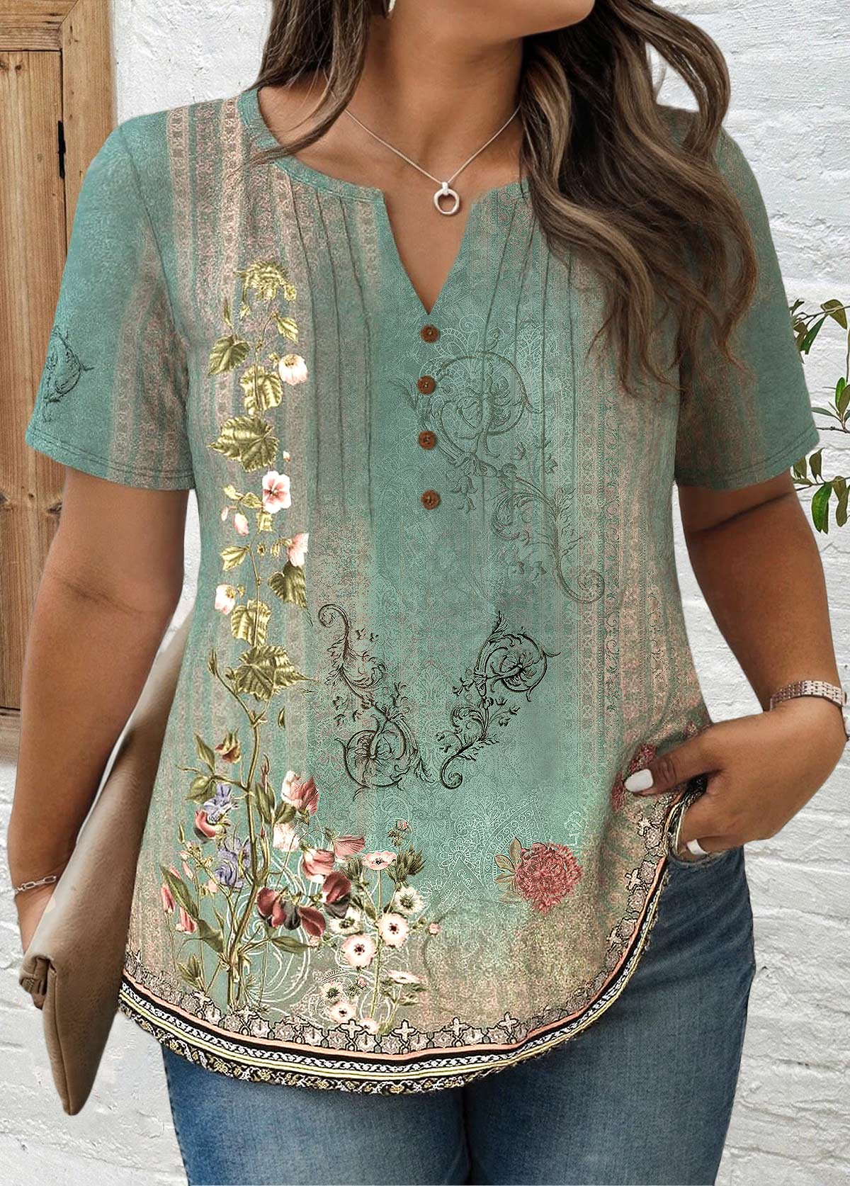 Sage Green tops,Plants tops,ROTITA Tuck Stitch Random Floral Print Sage Green T Shirt