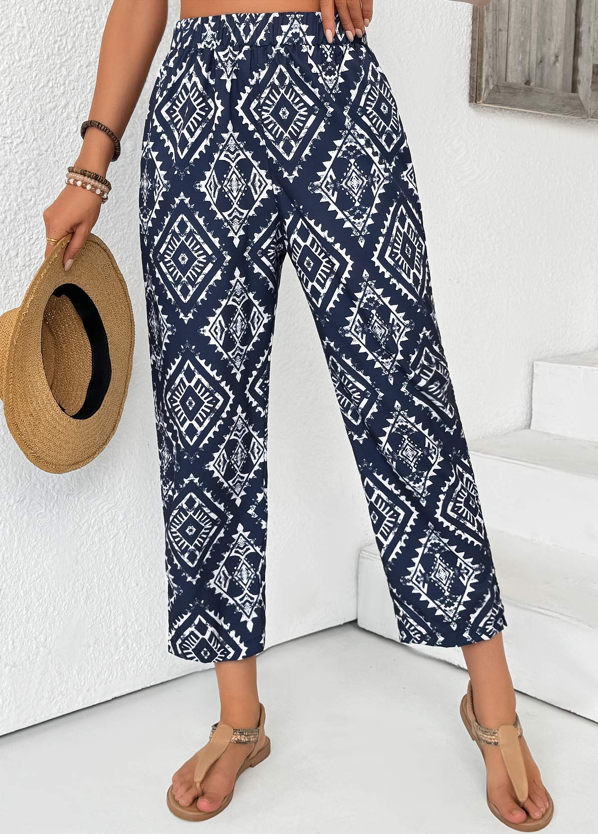 Navy bottoms,Tribal bottoms,Tribal Print Navy Straight Leg Elastic Waist Pants