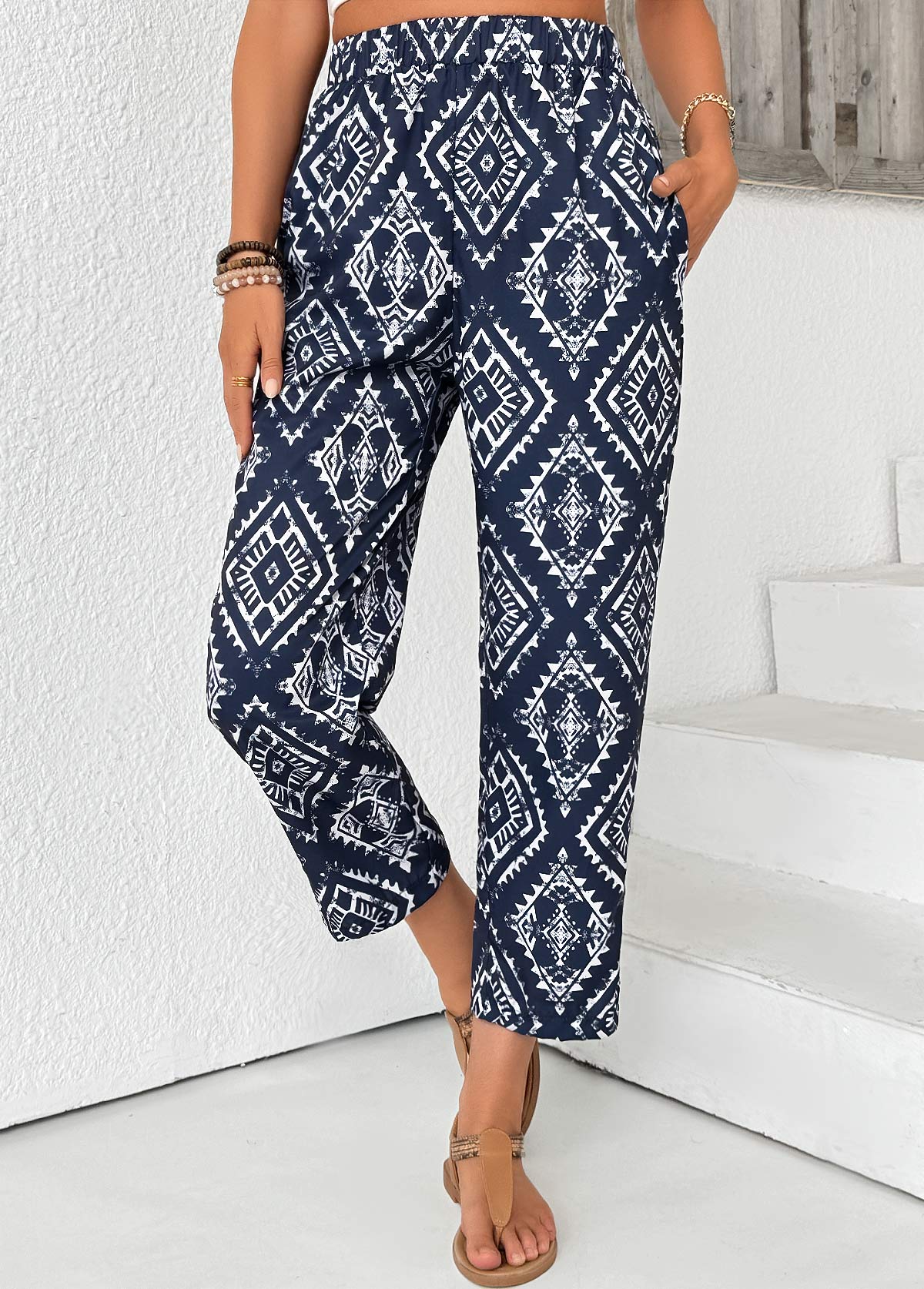 Navy bottoms,Tribal bottoms,Tribal Print Navy Straight Leg Elastic Waist Pants