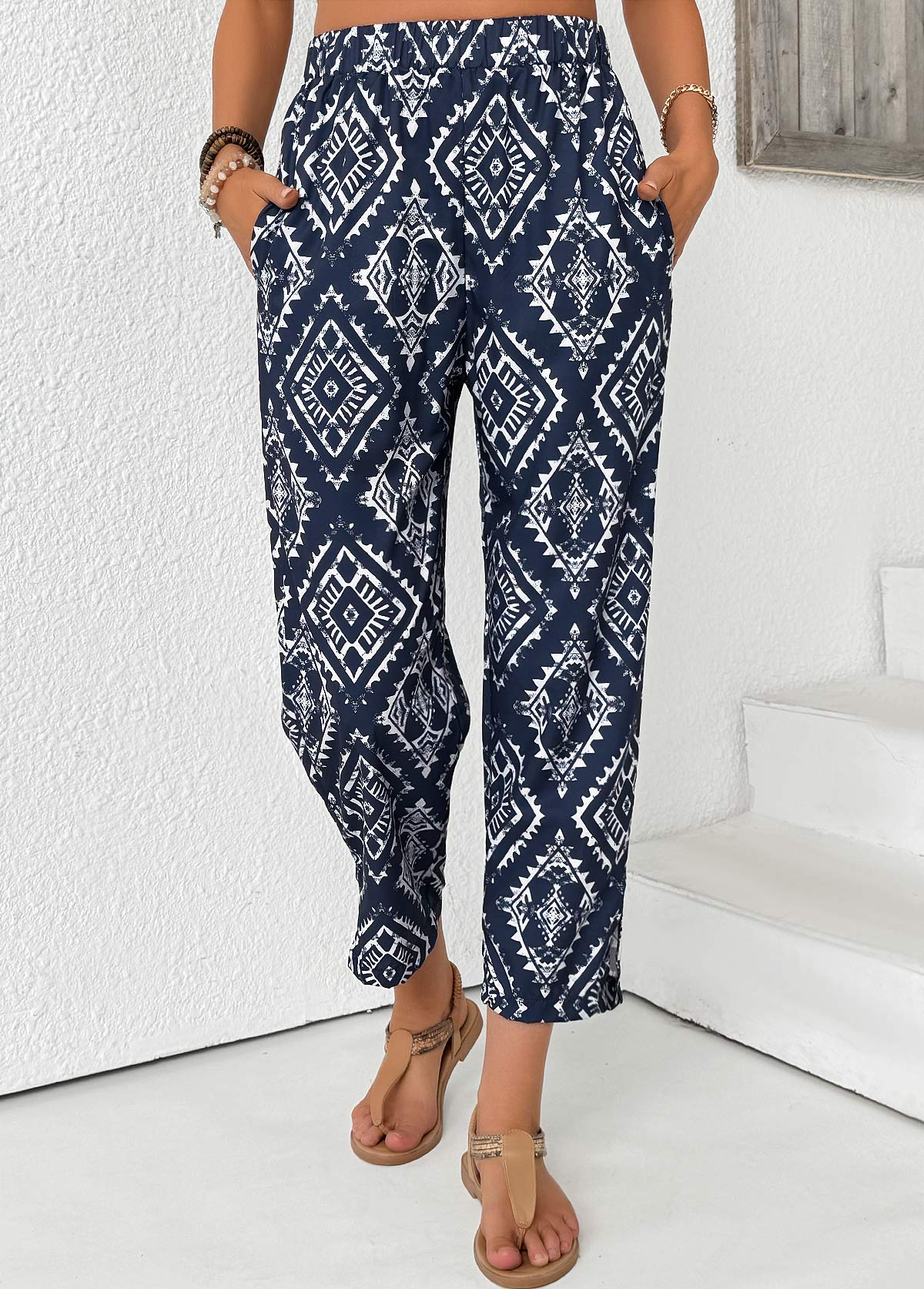 Navy bottoms,Tribal bottoms,Tribal Print Navy Straight Leg Elastic Waist Pants