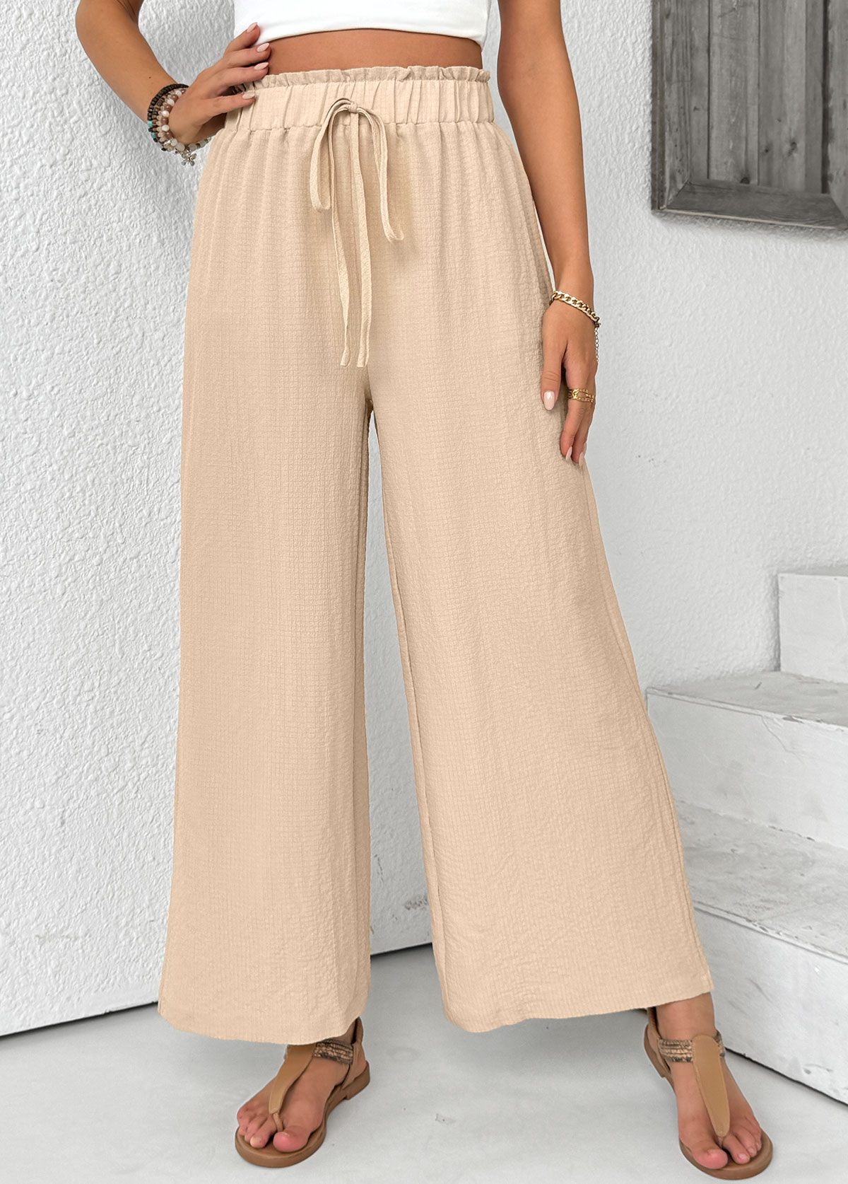 Light Coffee bottoms,Plain Color bottoms,Light Coffee Wide Leg Elastic Waist High Waisted Pants
