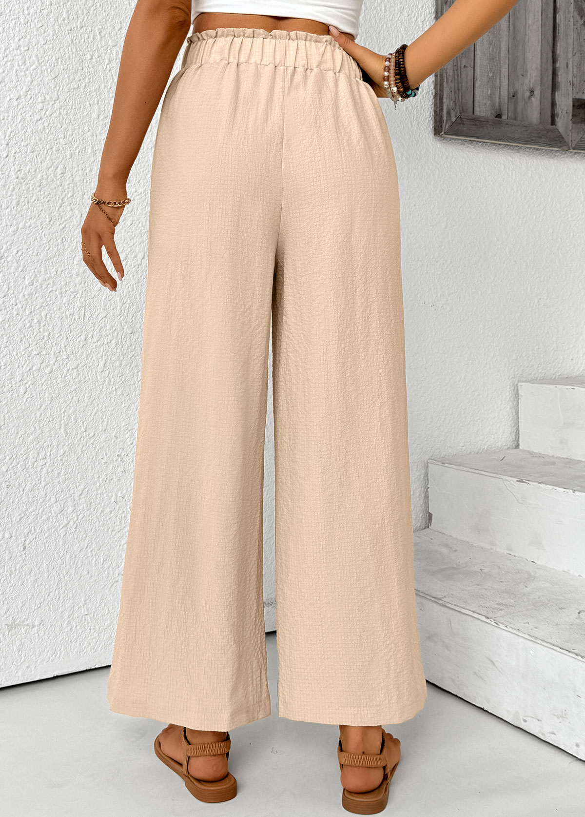 Light Coffee bottoms,Plain Color bottoms,Light Coffee Wide Leg Elastic Waist High Waisted Pants