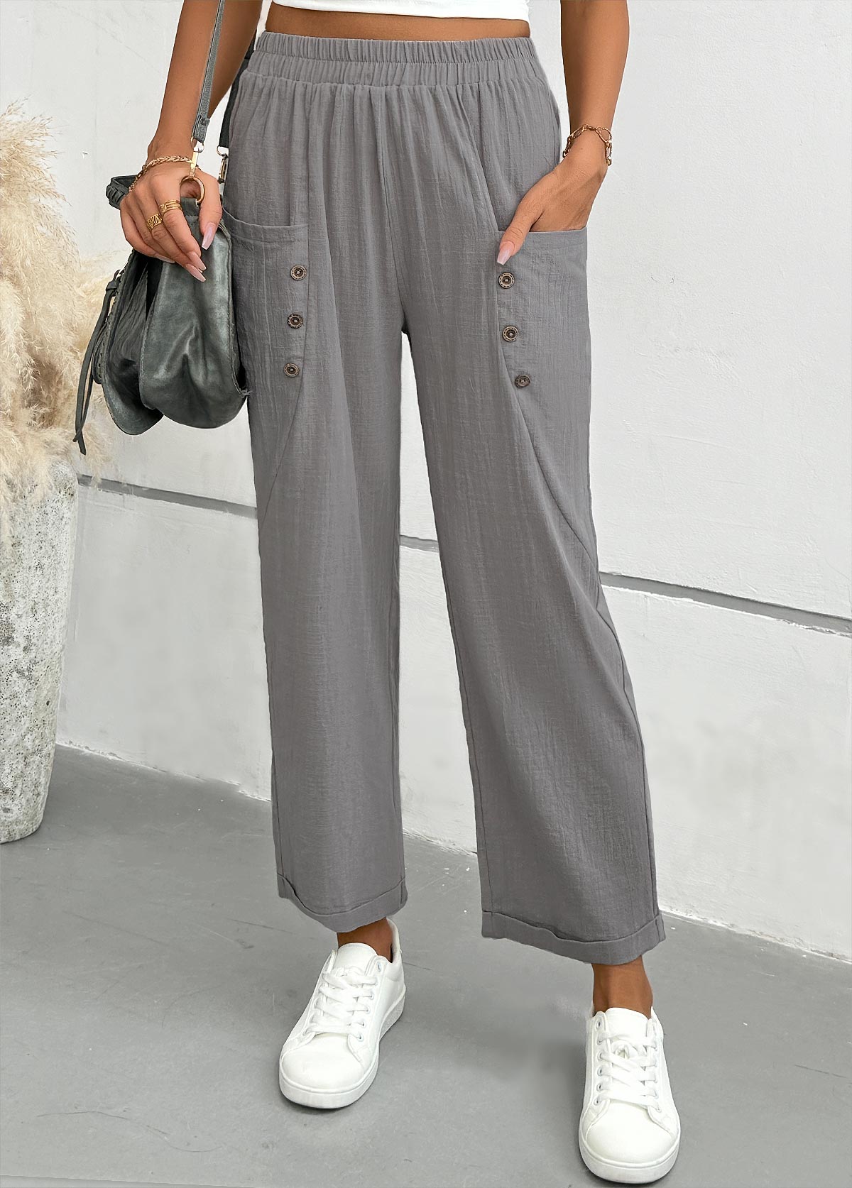 Light Grey bottoms,Plain Color bottoms,Light Grey Straight Leg Elastic Waist Mid Waisted Pants