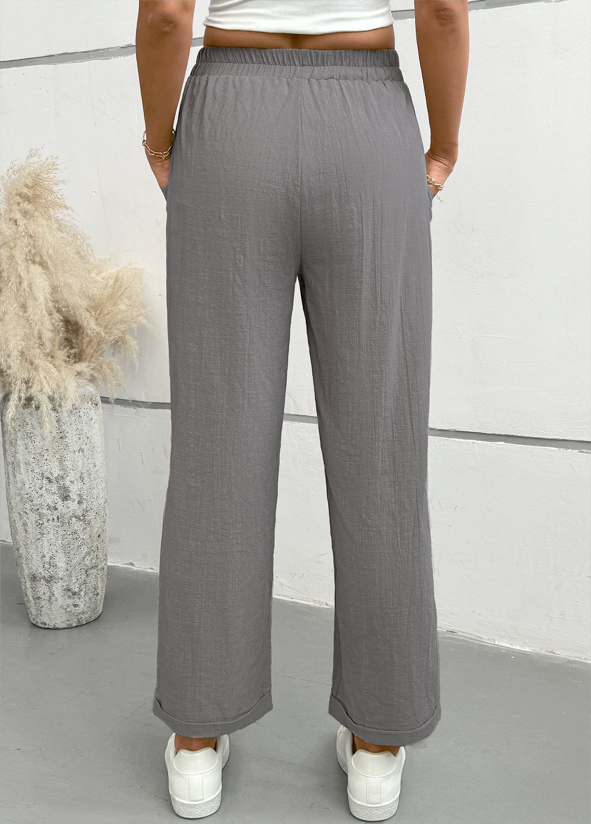 Light Grey bottoms,Plain Color bottoms,Light Grey Straight Leg Elastic Waist Mid Waisted Pants