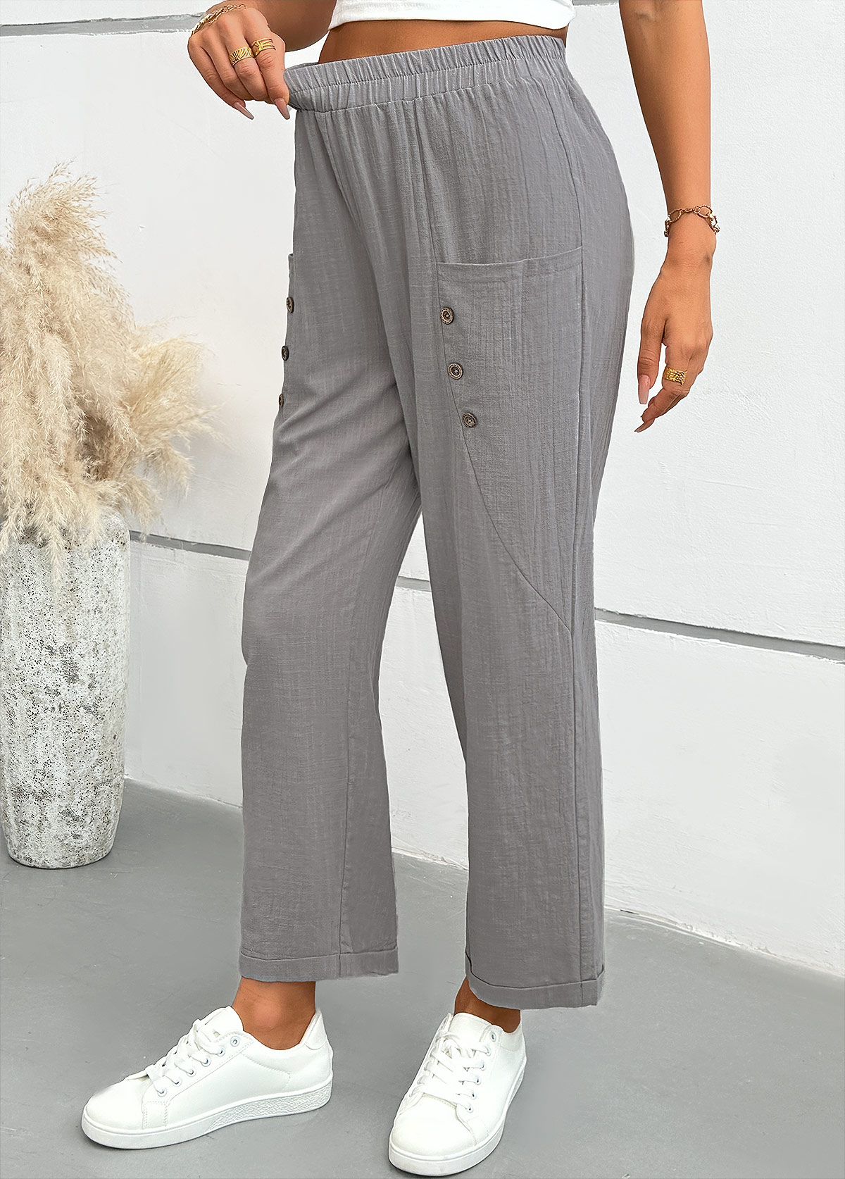 Light Grey bottoms,Plain Color bottoms,Light Grey Straight Leg Elastic Waist Mid Waisted Pants