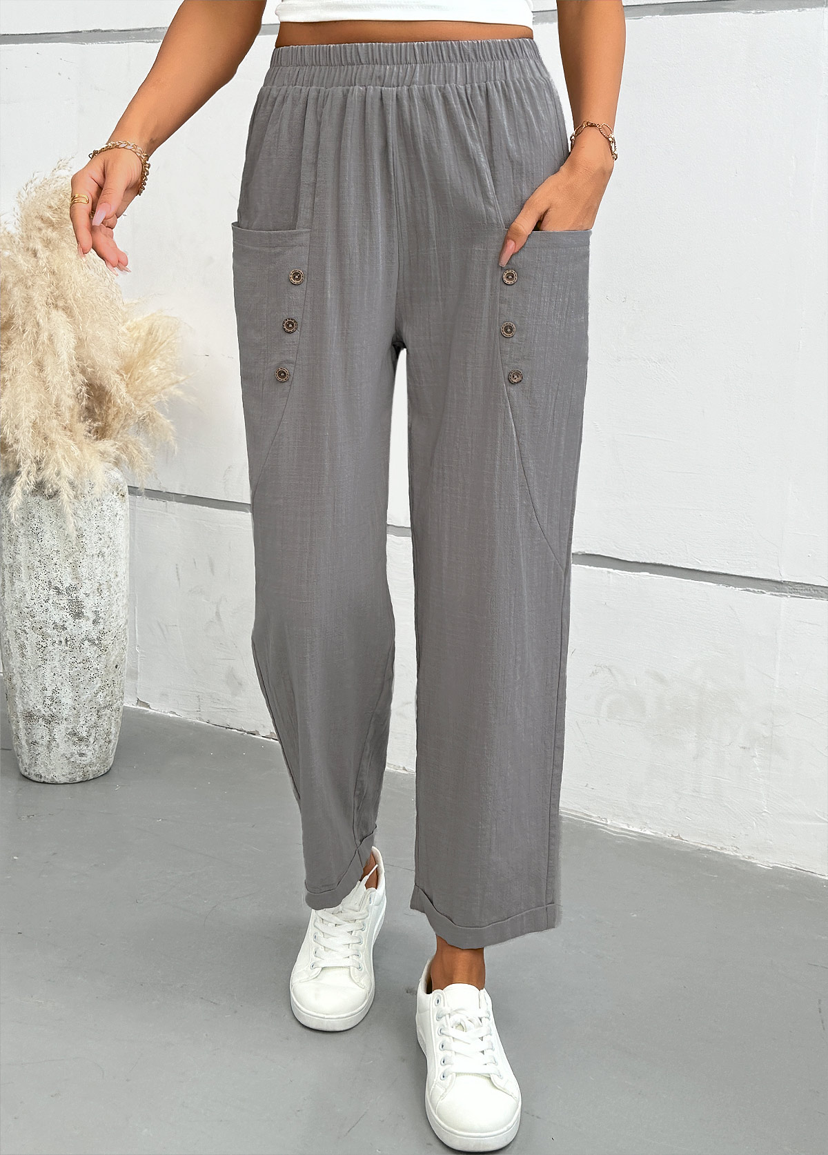 Light Grey bottoms,Plain Color bottoms,Light Grey Straight Leg Elastic Waist Mid Waisted Pants