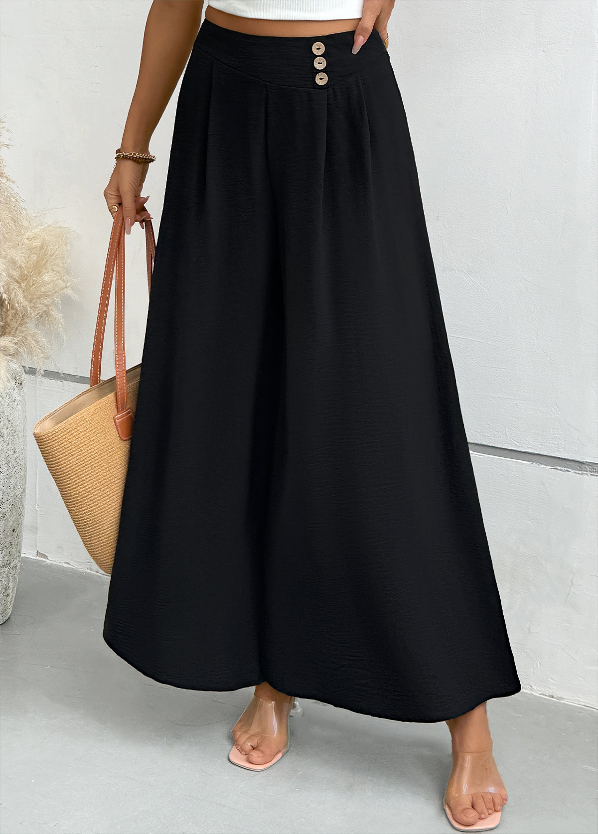 Black bottoms,Plain Color bottoms,Black Wide Leg Zipper Fly Mid Waisted Pants