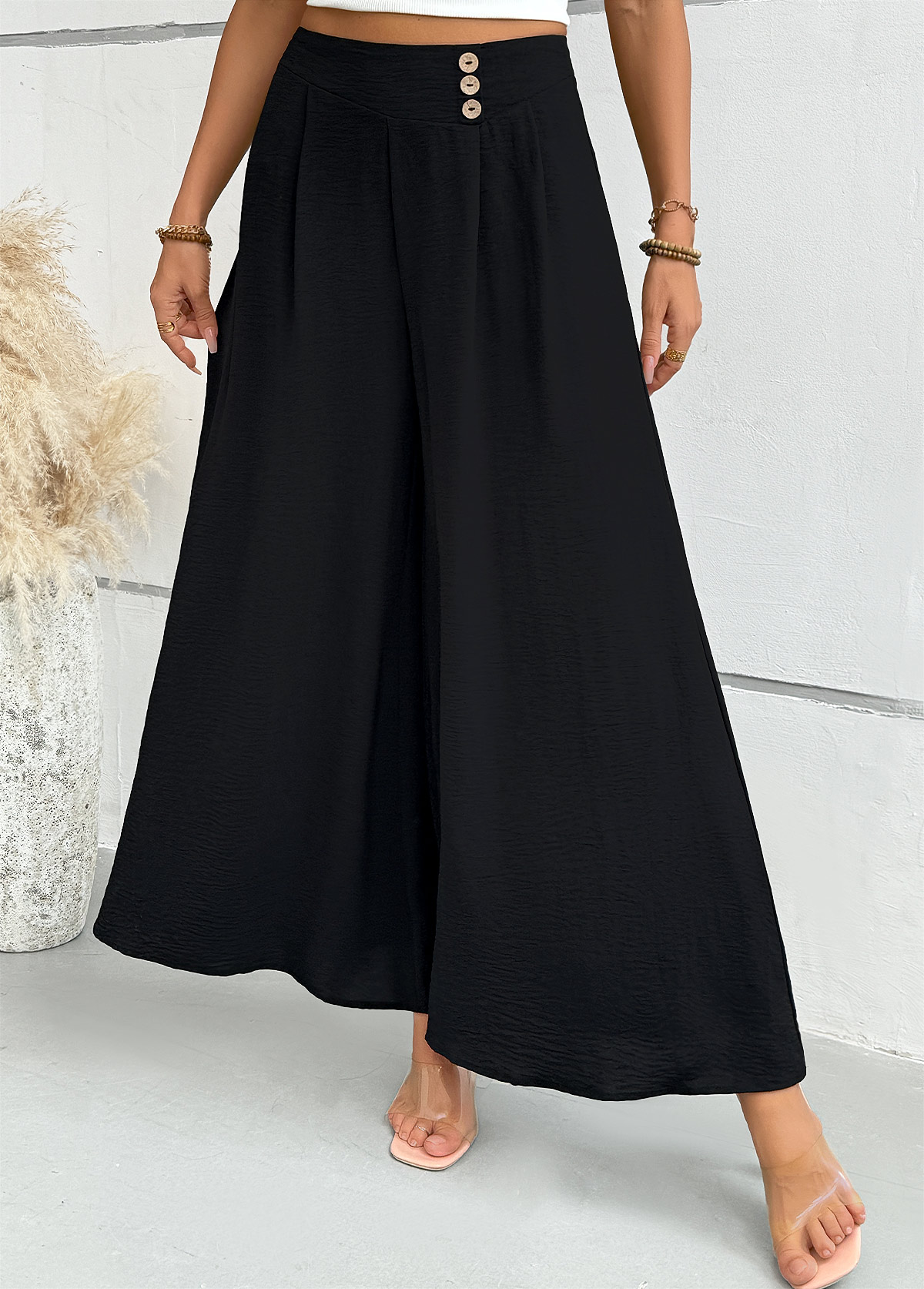 Black bottoms,Plain Color bottoms,Black Wide Leg Zipper Fly Mid Waisted Pants