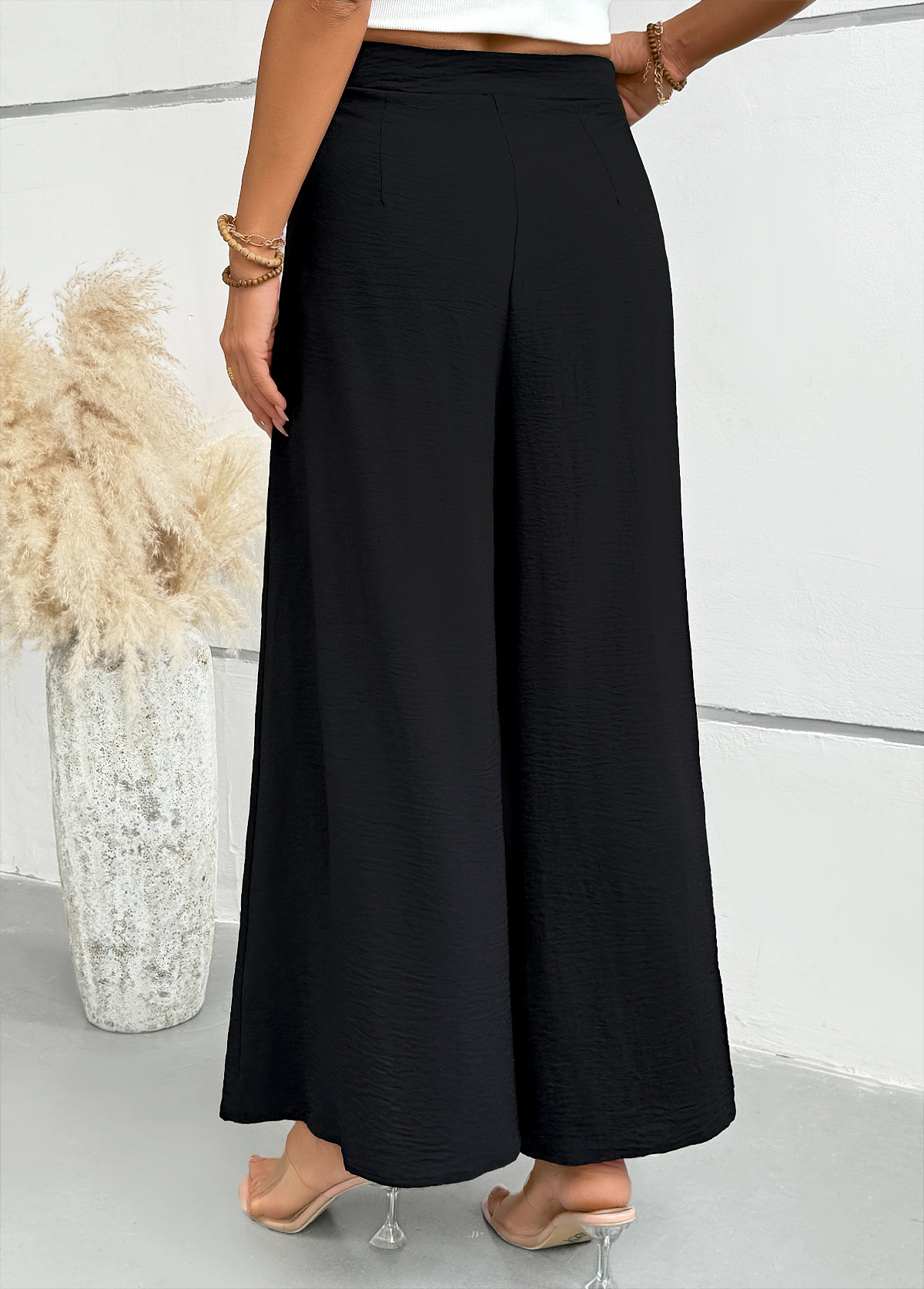 Black bottoms,Plain Color bottoms,Black Wide Leg Zipper Fly Mid Waisted Pants