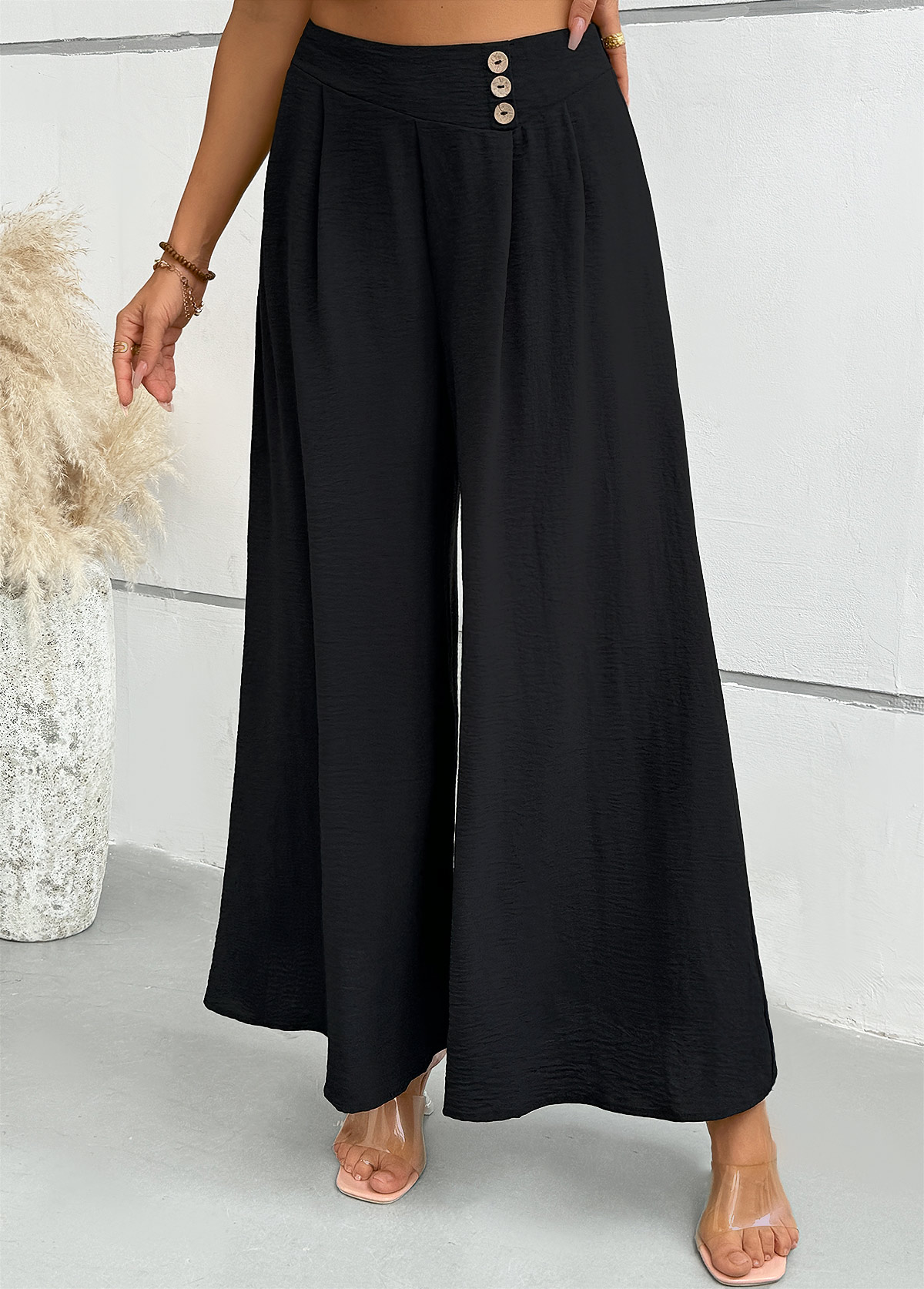 Black bottoms,Plain Color bottoms,Black Wide Leg Zipper Fly Mid Waisted Pants