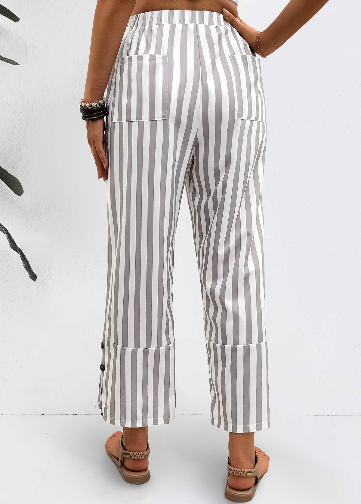 Light Grey bottoms,Striped bottoms,Geometric bottoms,Striped Light Grey Elastic Waist Mid Waisted Pants