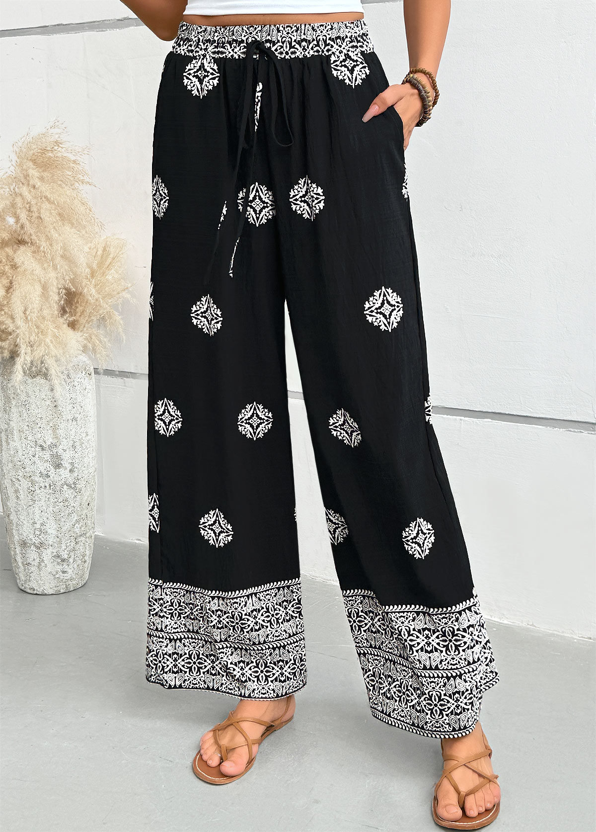 Black bottoms,Tribal bottoms,Tribal Print Black Wide Leg Elastic Waist Pants