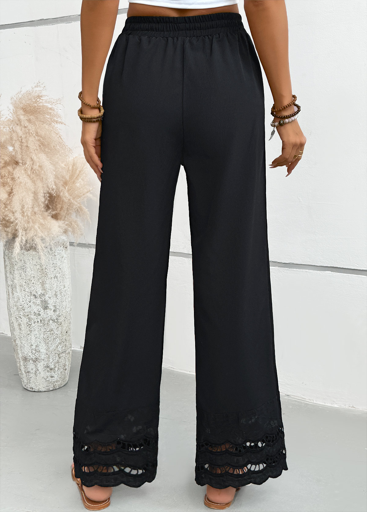 Black bottoms,Plain Color bottoms,Black Straight Leg Elastic Waist Mid Waisted Pants