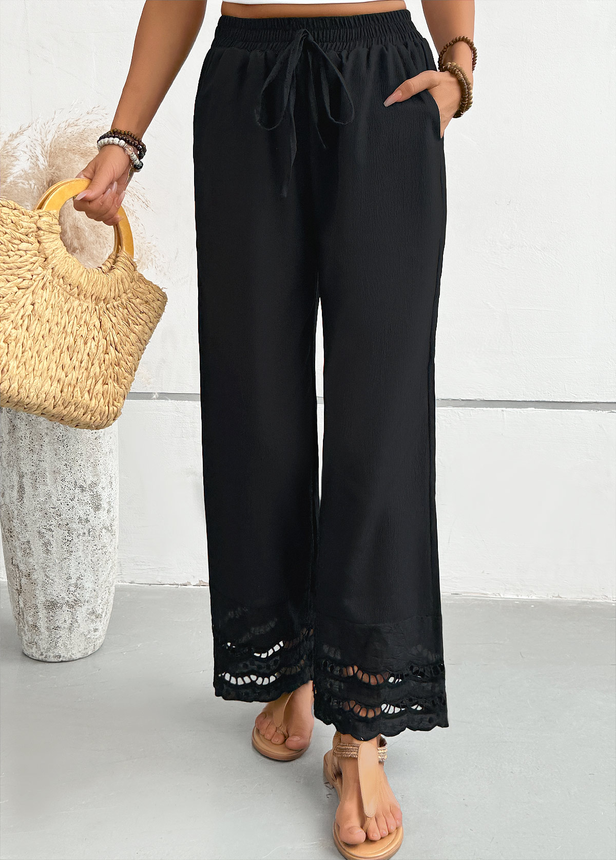 Black bottoms,Plain Color bottoms,Black Straight Leg Elastic Waist Mid Waisted Pants