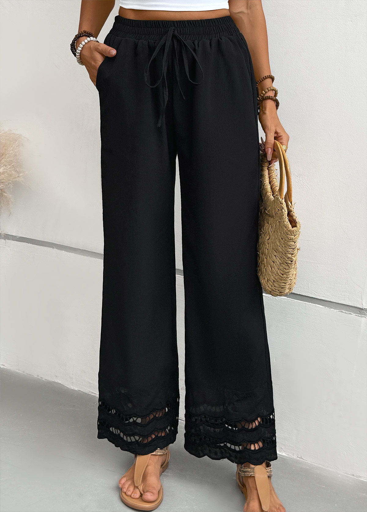 Black bottoms,Plain Color bottoms,Black Straight Leg Elastic Waist Mid Waisted Pants