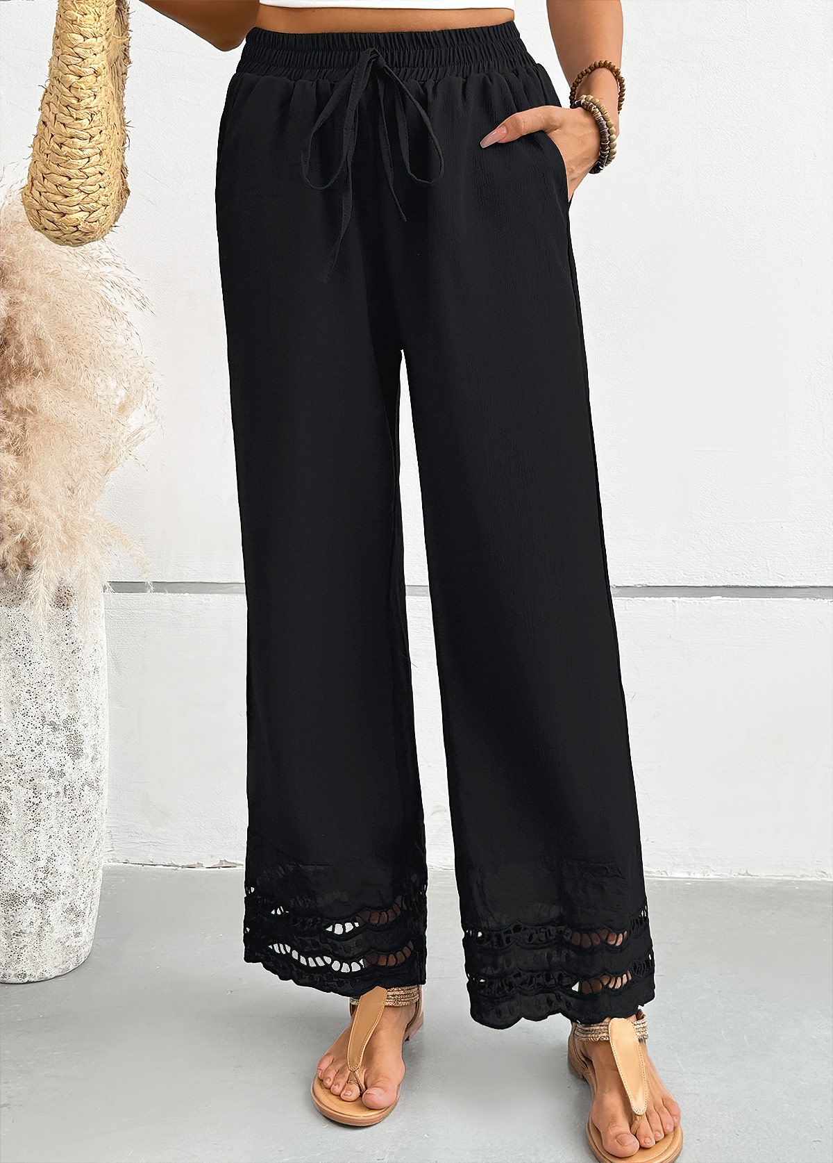 Black bottoms,Plain Color bottoms,Black Straight Leg Elastic Waist Mid Waisted Pants