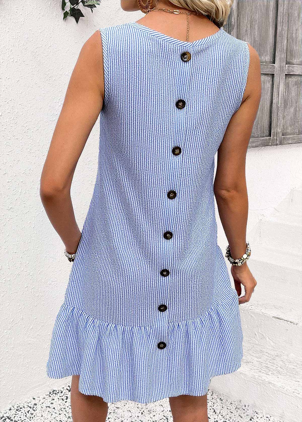 Blue dresses,Striped dresses,Geometric dresses,Everyday dresses,Casual dresses,ROTITA Striped Blue V Neck Sleeveless Dress