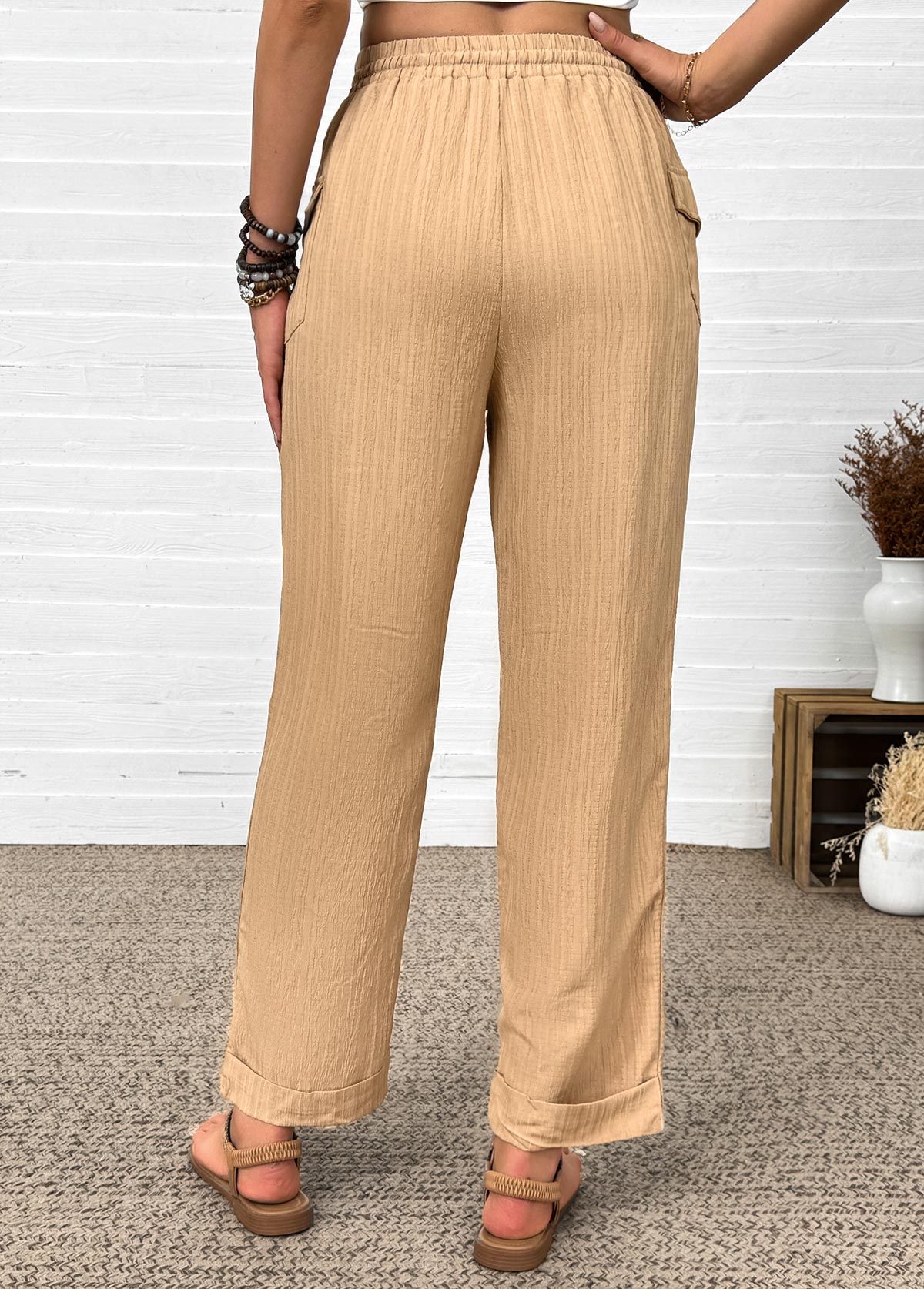 Dark Camel bottoms,Plain Color bottoms,Dark Camel Straight Leg Elastic Waist High Waisted Pants