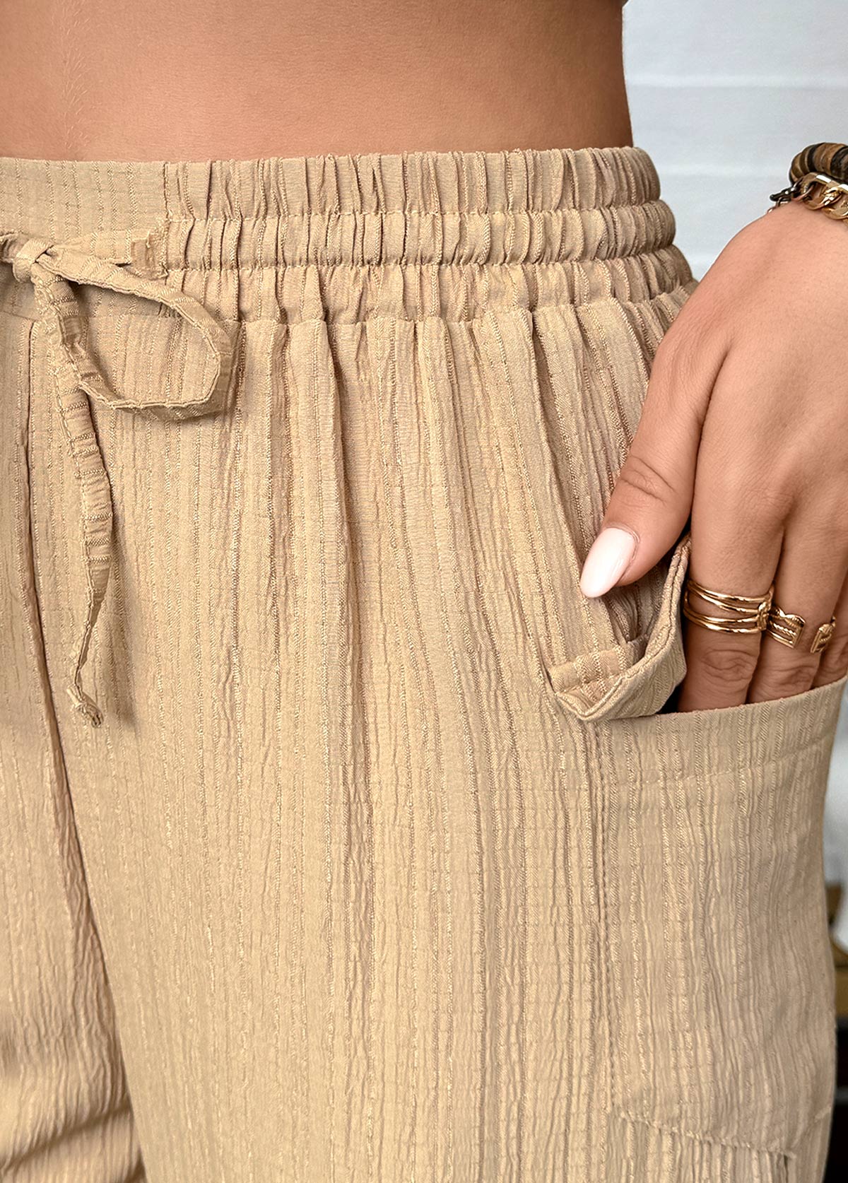 Dark Camel bottoms,Plain Color bottoms,Dark Camel Straight Leg Elastic Waist High Waisted Pants