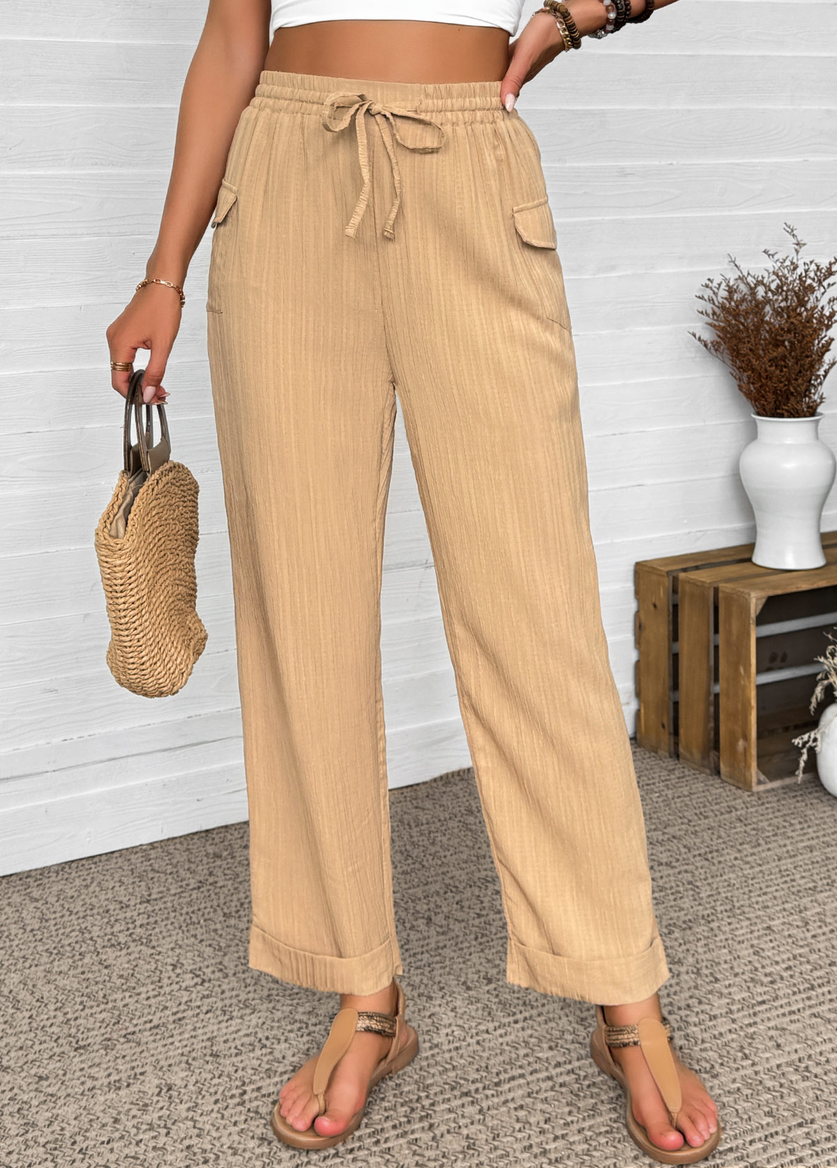 Dark Camel bottoms,Plain Color bottoms,Dark Camel Straight Leg Elastic Waist High Waisted Pants