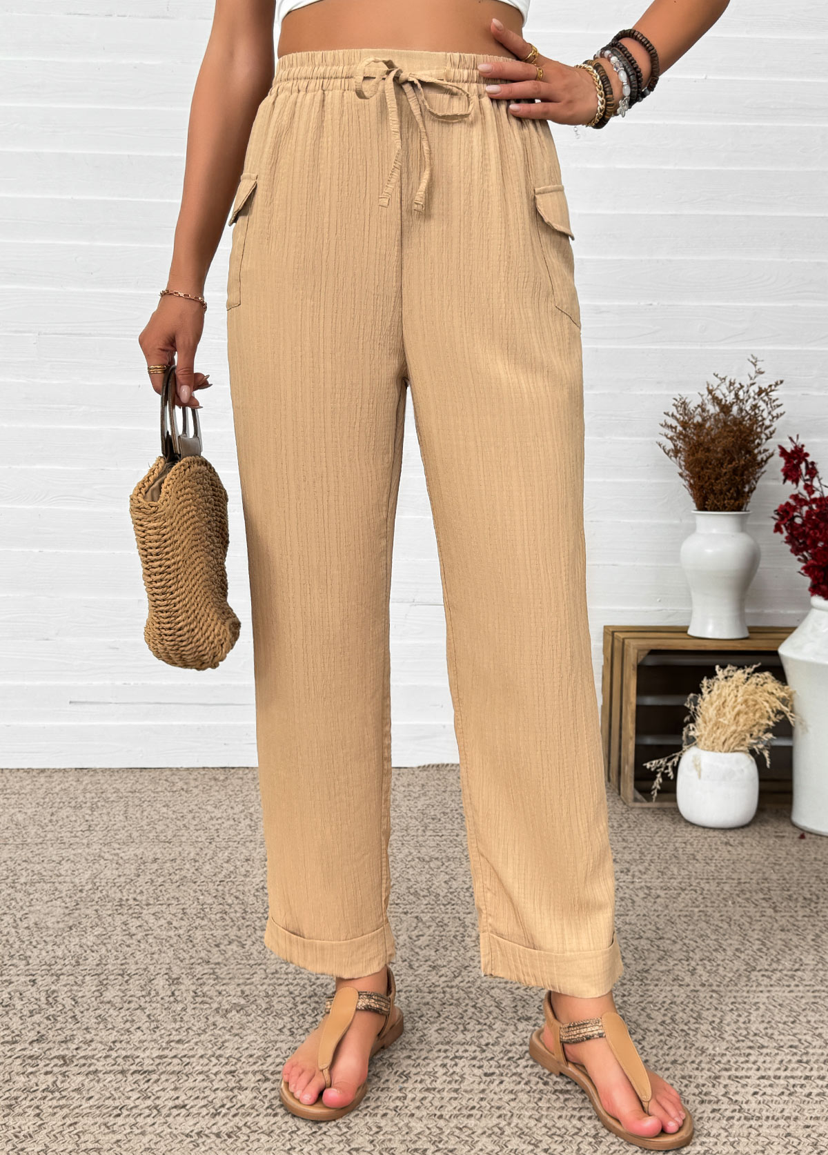 Dark Camel bottoms,Plain Color bottoms,Dark Camel Straight Leg Elastic Waist High Waisted Pants