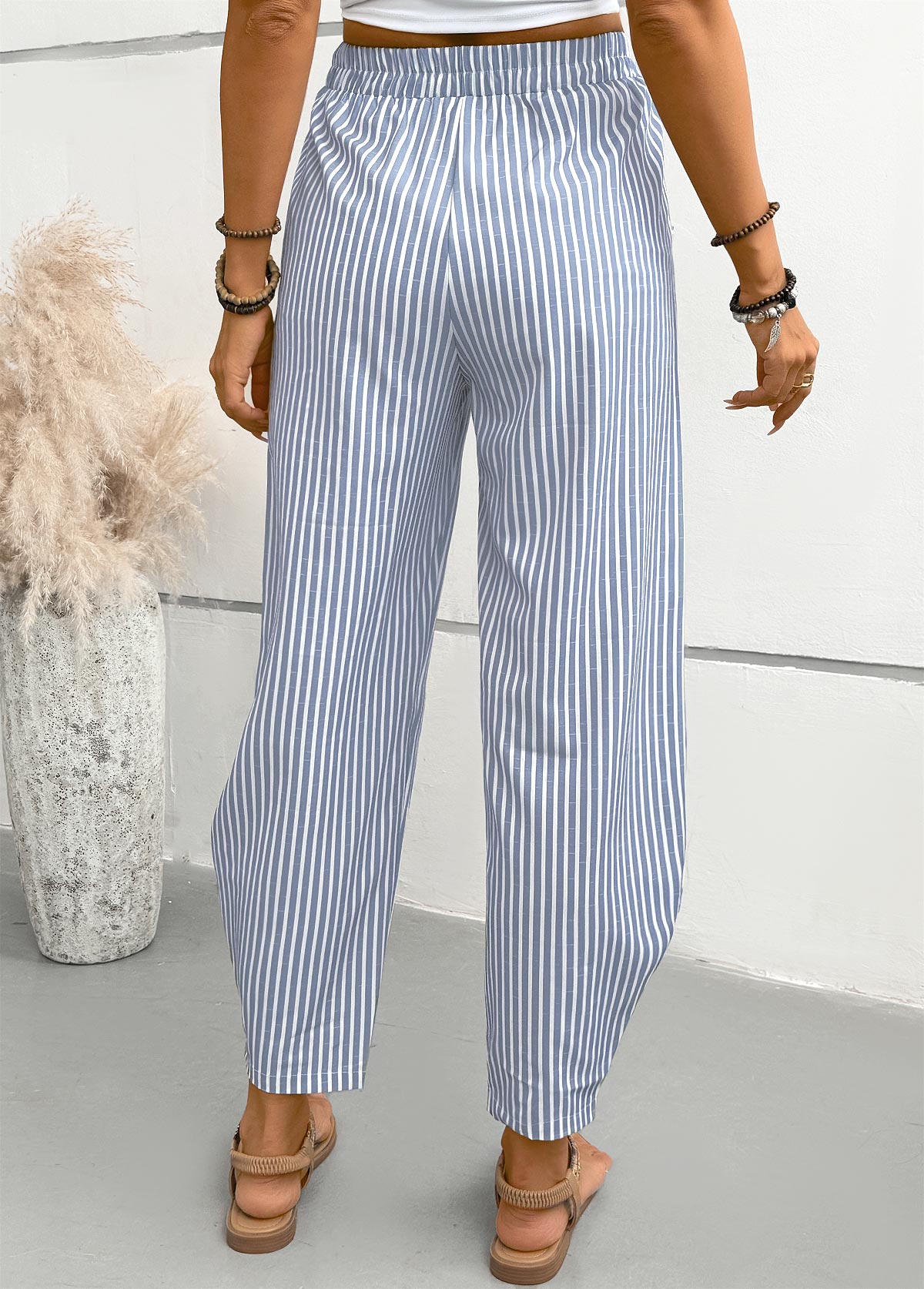 Dusty Blue bottoms,Striped bottoms,Geometric bottoms,Striped Dusty Blue Elastic Waist High Waisted Pants
