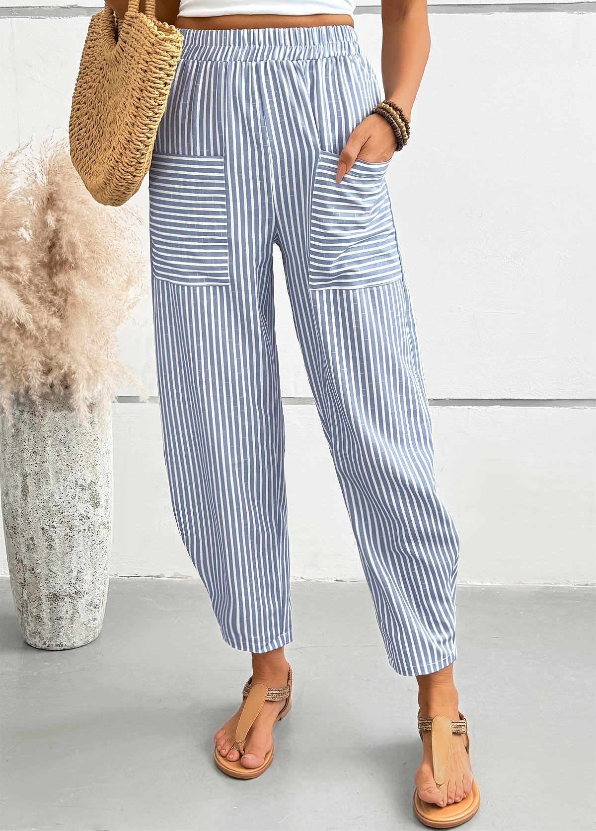 Dusty Blue bottoms,Striped bottoms,Geometric bottoms,Striped Dusty Blue Elastic Waist High Waisted Pants