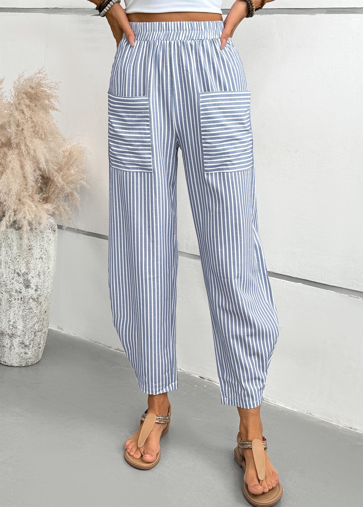 Dusty Blue bottoms,Striped bottoms,Geometric bottoms,Striped Dusty Blue Elastic Waist High Waisted Pants
