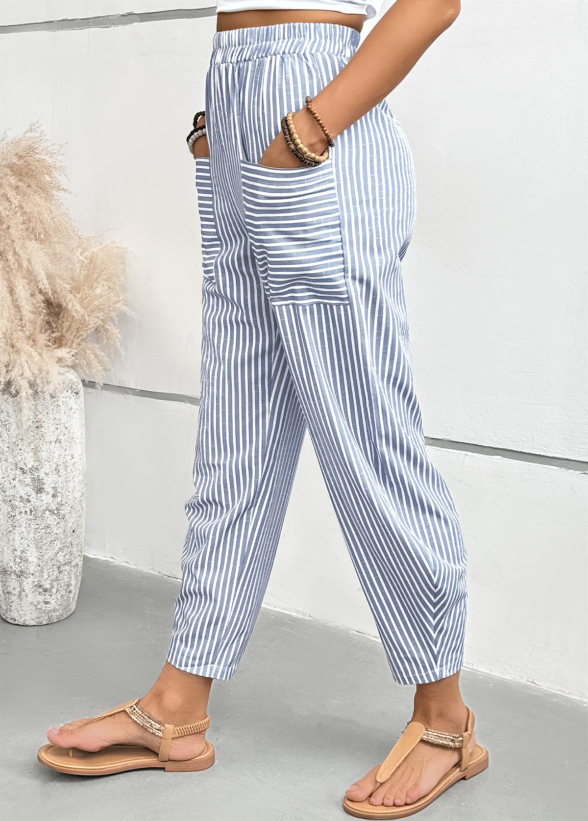Dusty Blue bottoms,Striped bottoms,Geometric bottoms,Striped Dusty Blue Elastic Waist High Waisted Pants