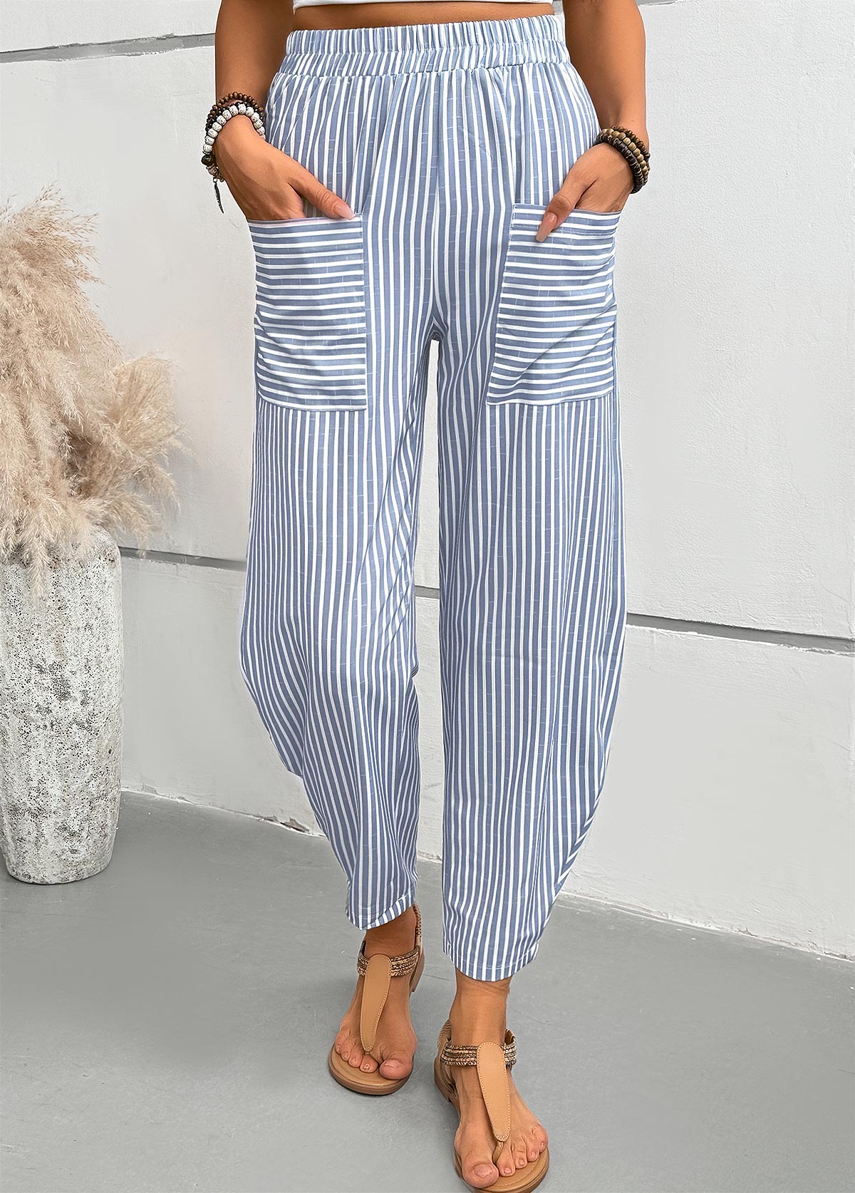 Dusty Blue bottoms,Striped bottoms,Geometric bottoms,Striped Dusty Blue Elastic Waist High Waisted Pants