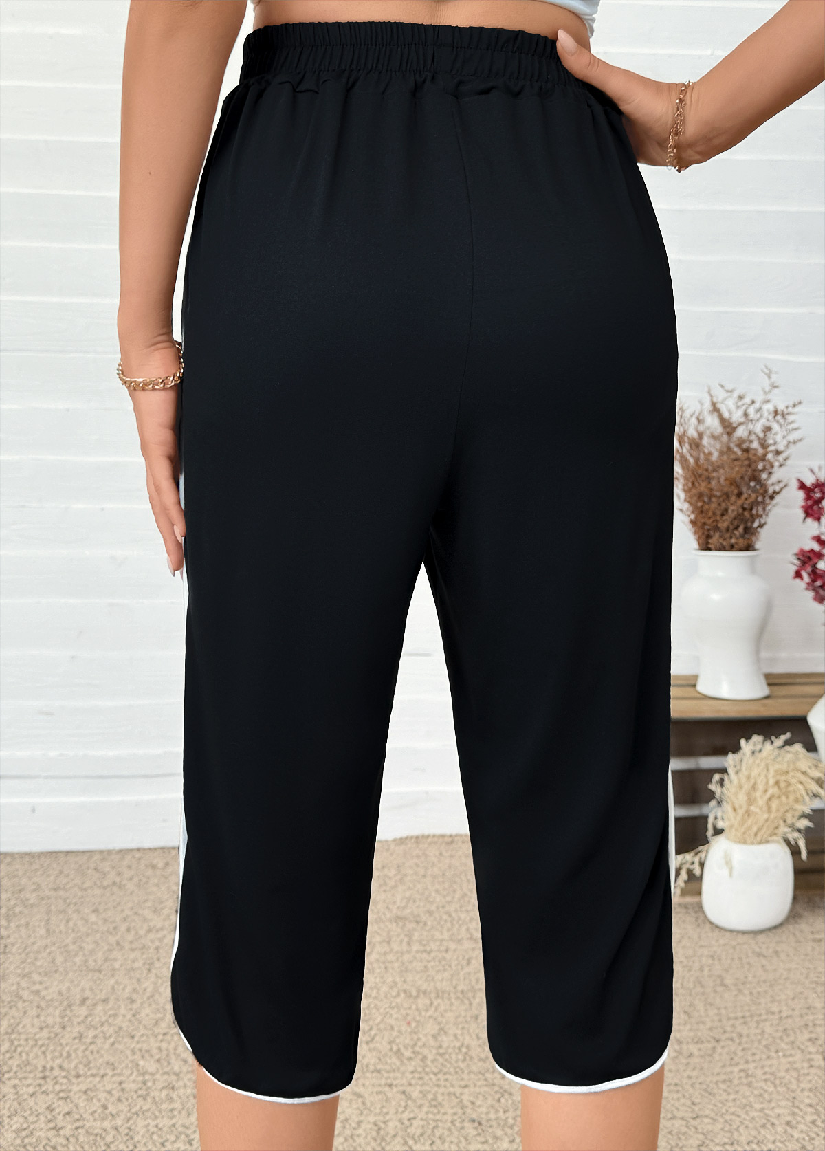 Black bottoms,Plain Color bottoms,Black Straight Leg Elastic Waist High Waisted Pants