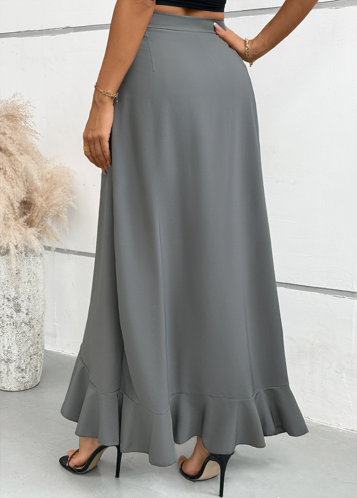 Grey bottoms,Plain Color bottoms,Grey Wide Leg Elastic Waist Mid Waisted Pants