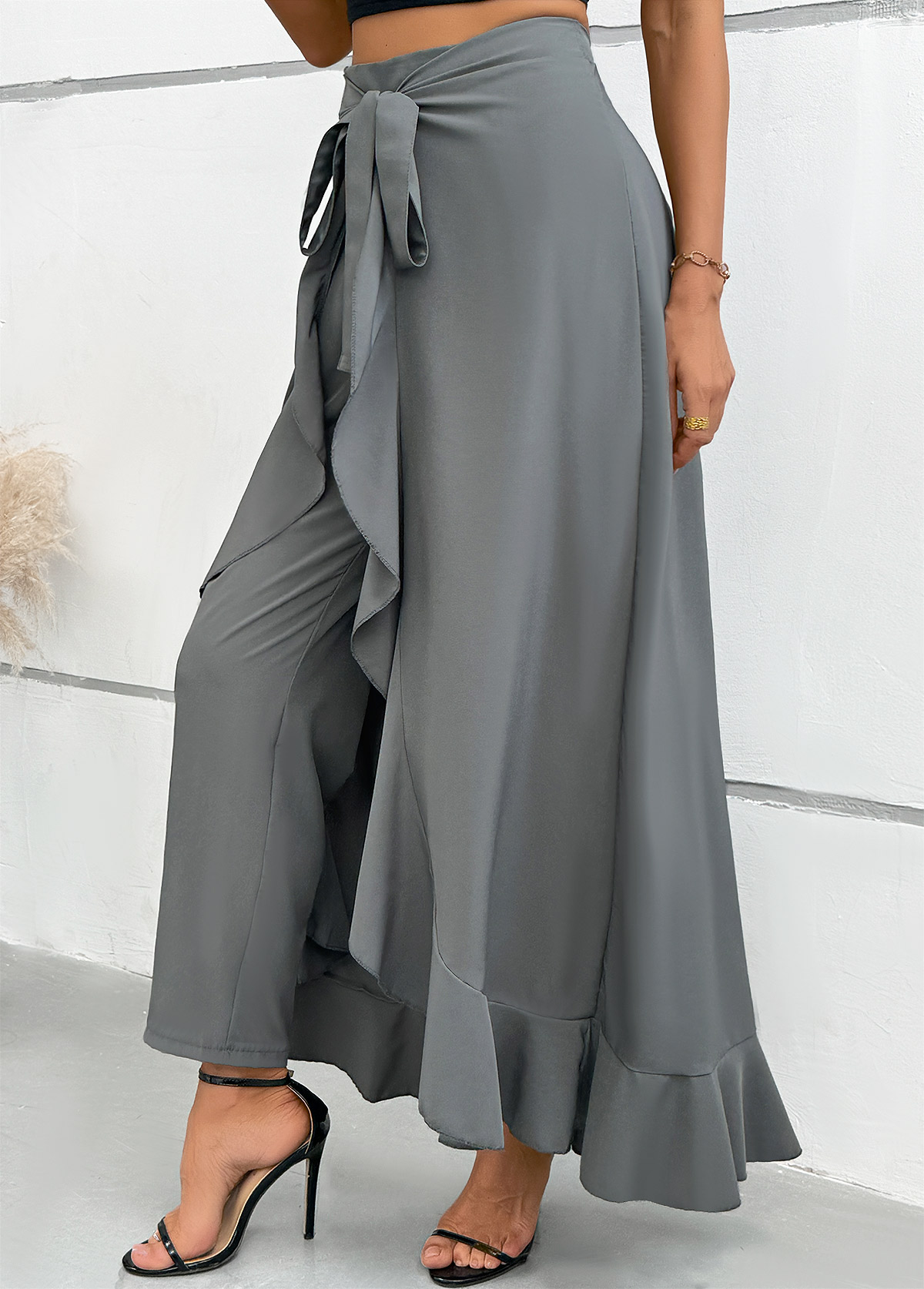 Grey bottoms,Plain Color bottoms,Grey Wide Leg Elastic Waist Mid Waisted Pants