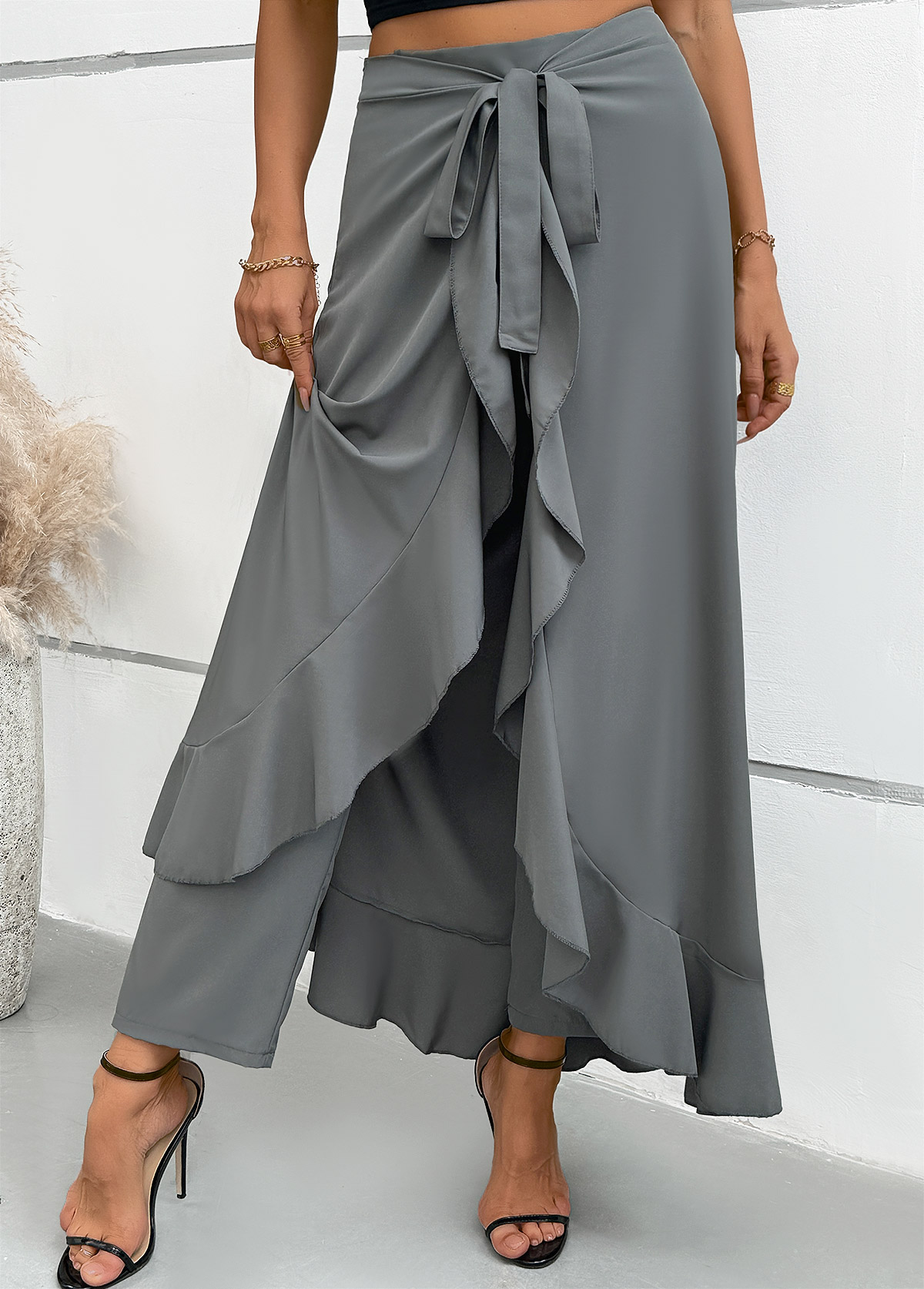 Grey bottoms,Plain Color bottoms,Grey Wide Leg Elastic Waist Mid Waisted Pants