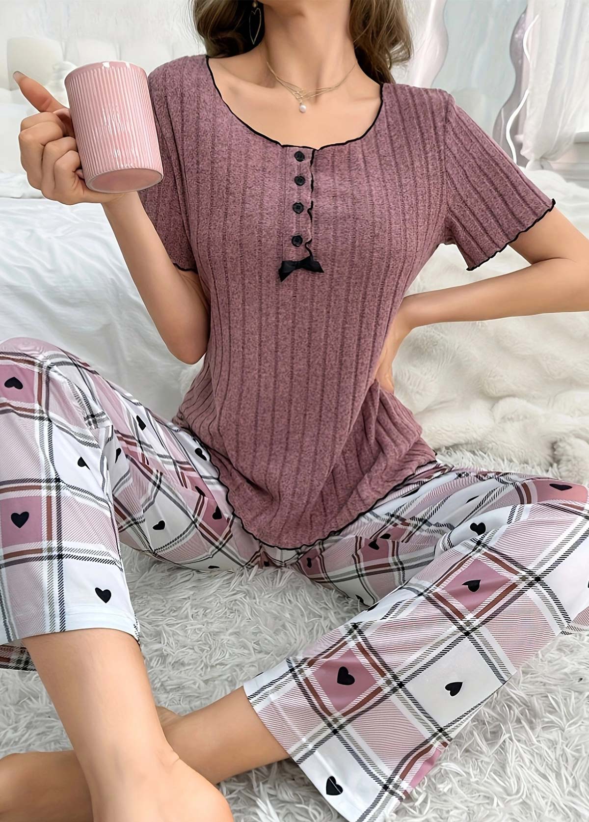Dark Reddish Purple loungewear,Plaid loungewear,Geometric loungewear,Plaid Dark Reddish Purple Lounge Top and Pants
