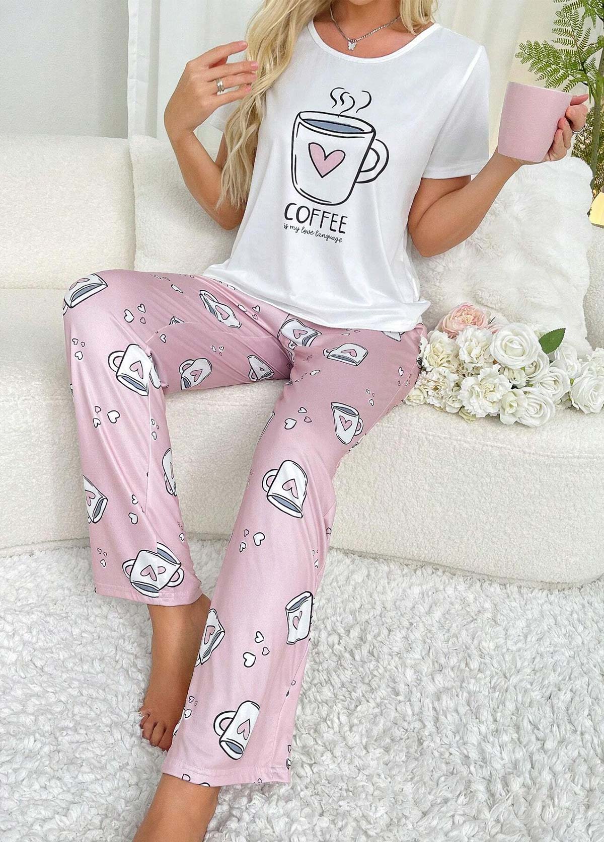 Pink loungewear,Other loungewear,Pink Round Neck Short Sleeve Lounge Top and Pants