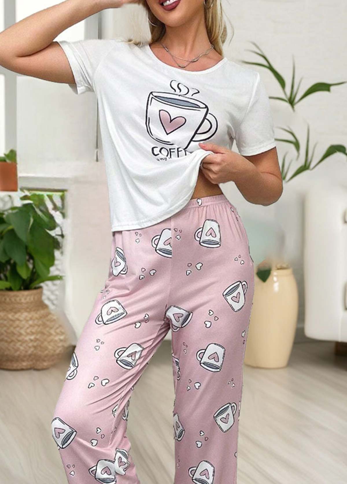 Pink loungewear,Other loungewear,Pink Round Neck Short Sleeve Lounge Top and Pants