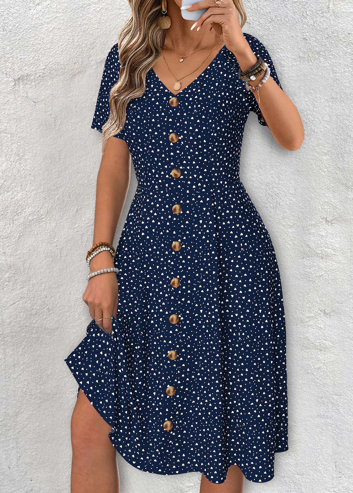 Navy dresses,Dot dresses,Everyday dresses,Casual dresses,ROTITA Polka Dot Navy V Neck Short Sleeve Dress