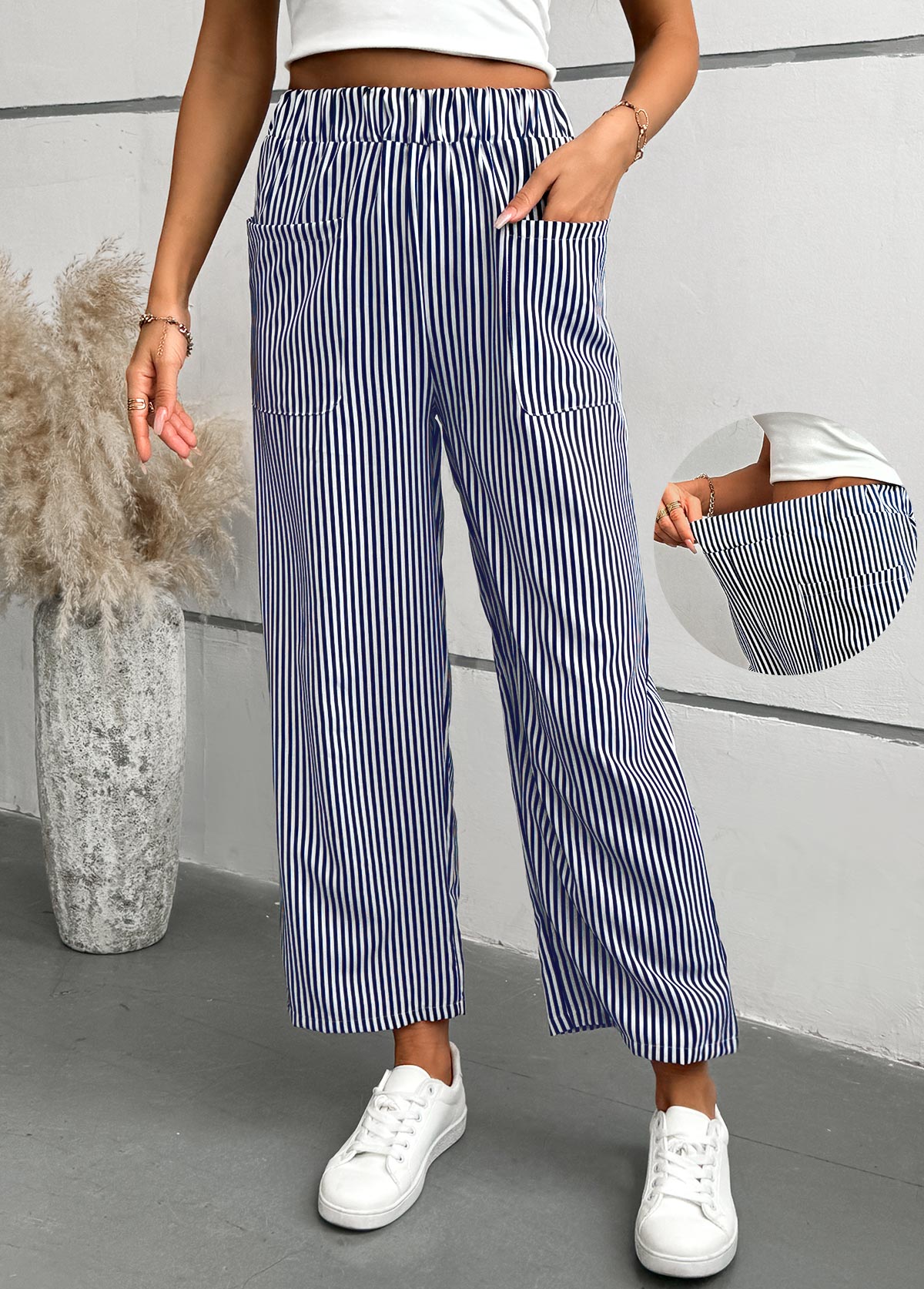 Blue bottoms,Striped bottoms,Geometric bottoms,Striped Blue Straight Leg Elastic Waist Mid Waisted Pants