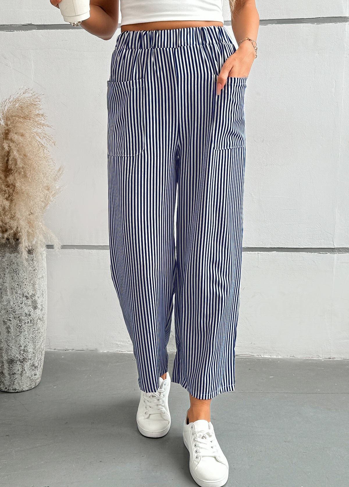Blue bottoms,Striped bottoms,Geometric bottoms,Striped Blue Straight Leg Elastic Waist Mid Waisted Pants