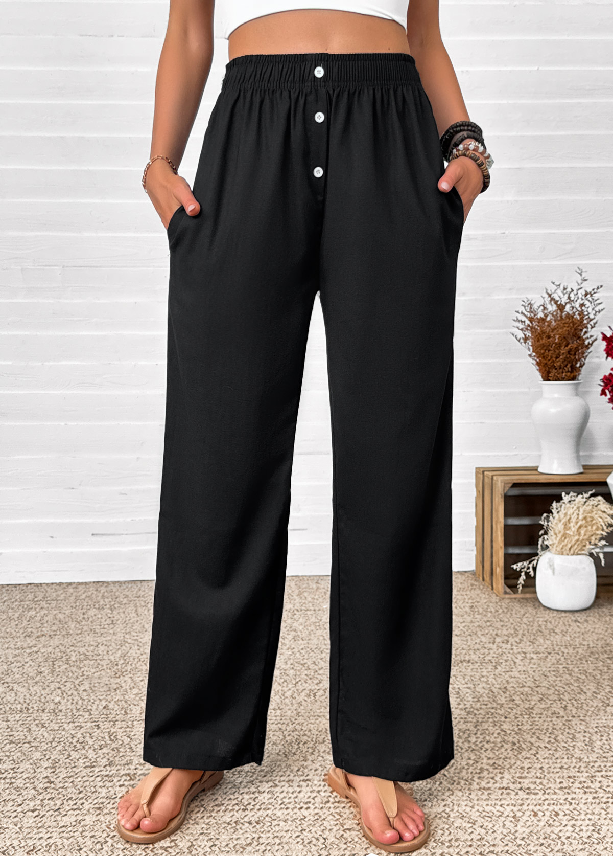 Black bottoms,Plain Color bottoms,Black Straight Leg Elastic Waist High Waisted Pants