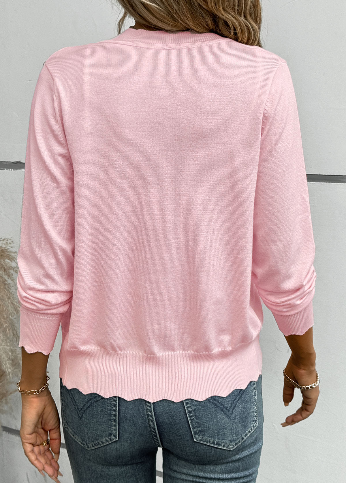 Pink tops,Plain Color tops,Tummy Coverage Pink V Neck Long Sleeve Light Cardigan