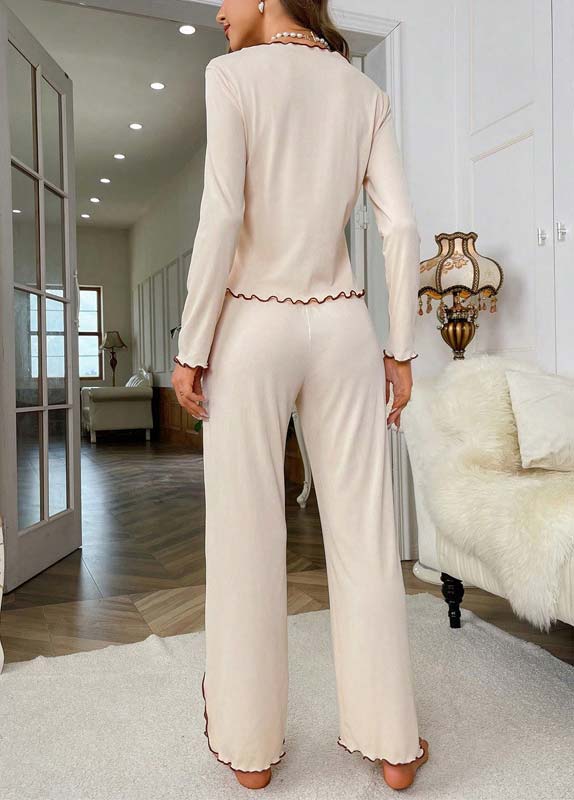 Beige loungewear,Plain Color loungewear,Beige V Neck Long Sleeve Lounge Top and Pants
