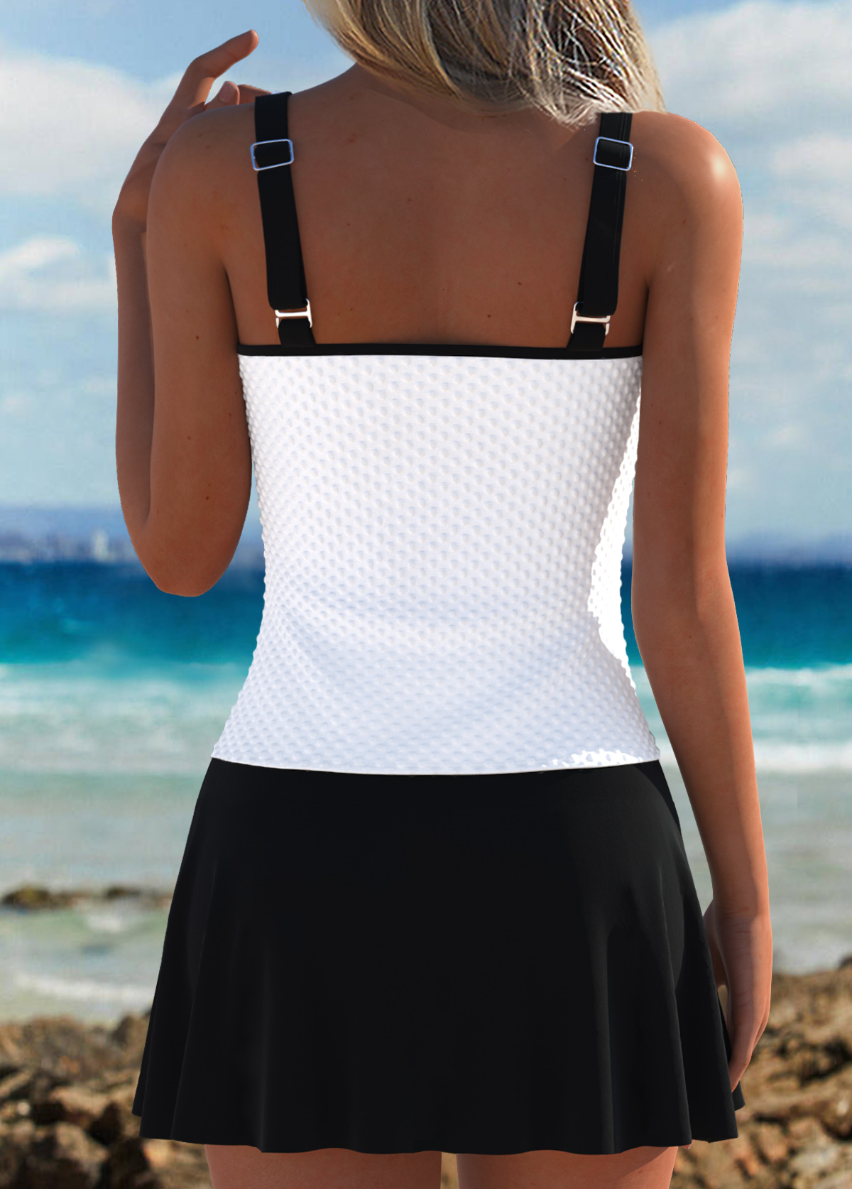 White swimwear,Contrast Color swimwear,ROTITA Mid Waisted White V-Neck Tankini Set