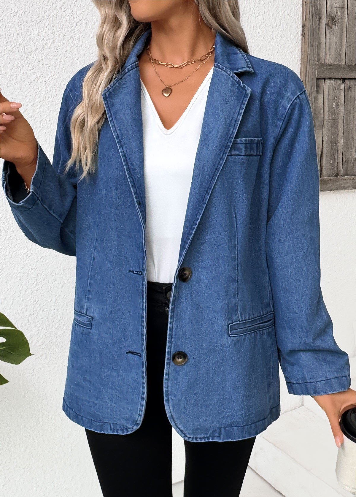 Denim Blue tops,Plain Color tops,Tummy Coverage Denim Blue Lapel Long Sleeve Coat