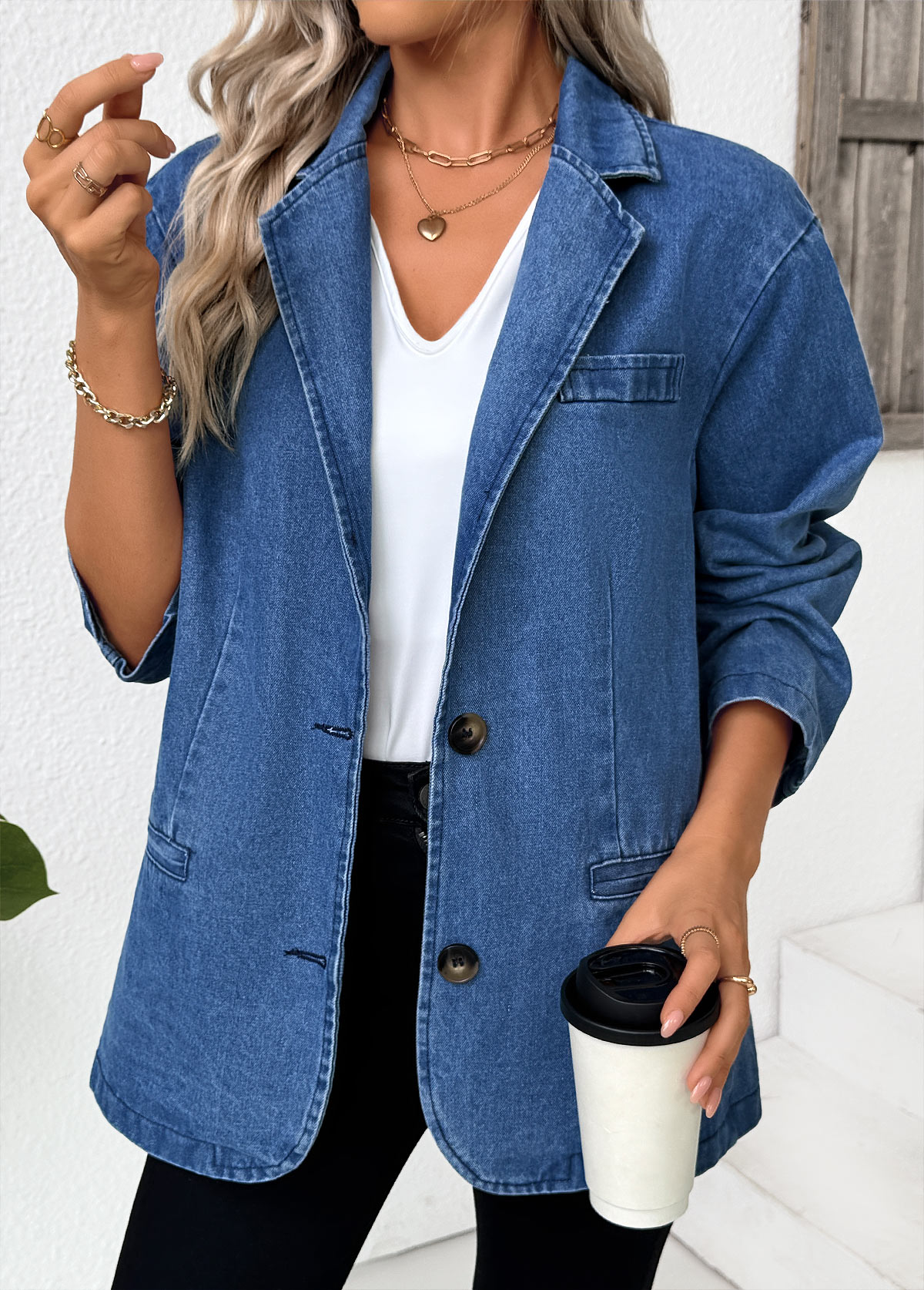 Denim Blue tops,Plain Color tops,Tummy Coverage Denim Blue Lapel Long Sleeve Coat