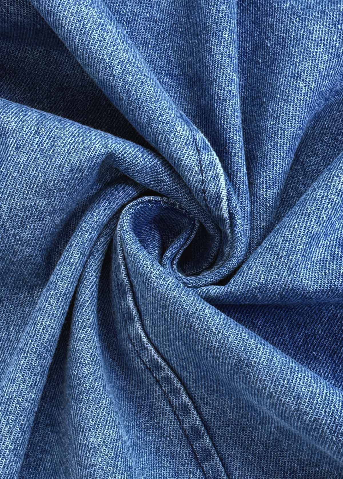 Denim Blue tops,Plain Color tops,Tummy Coverage Denim Blue Lapel Long Sleeve Coat
