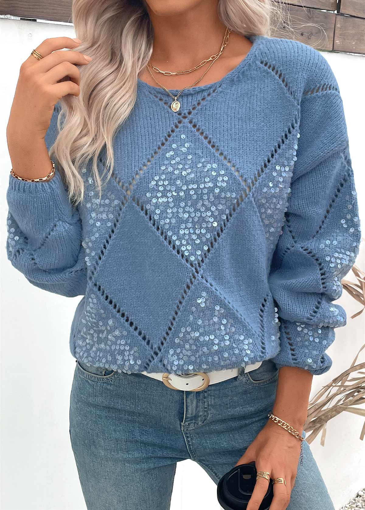 Dusty Blue tops,Plain Color tops,Tummy Coverage Dusty Blue Round Neck Long Sleeve Sweater